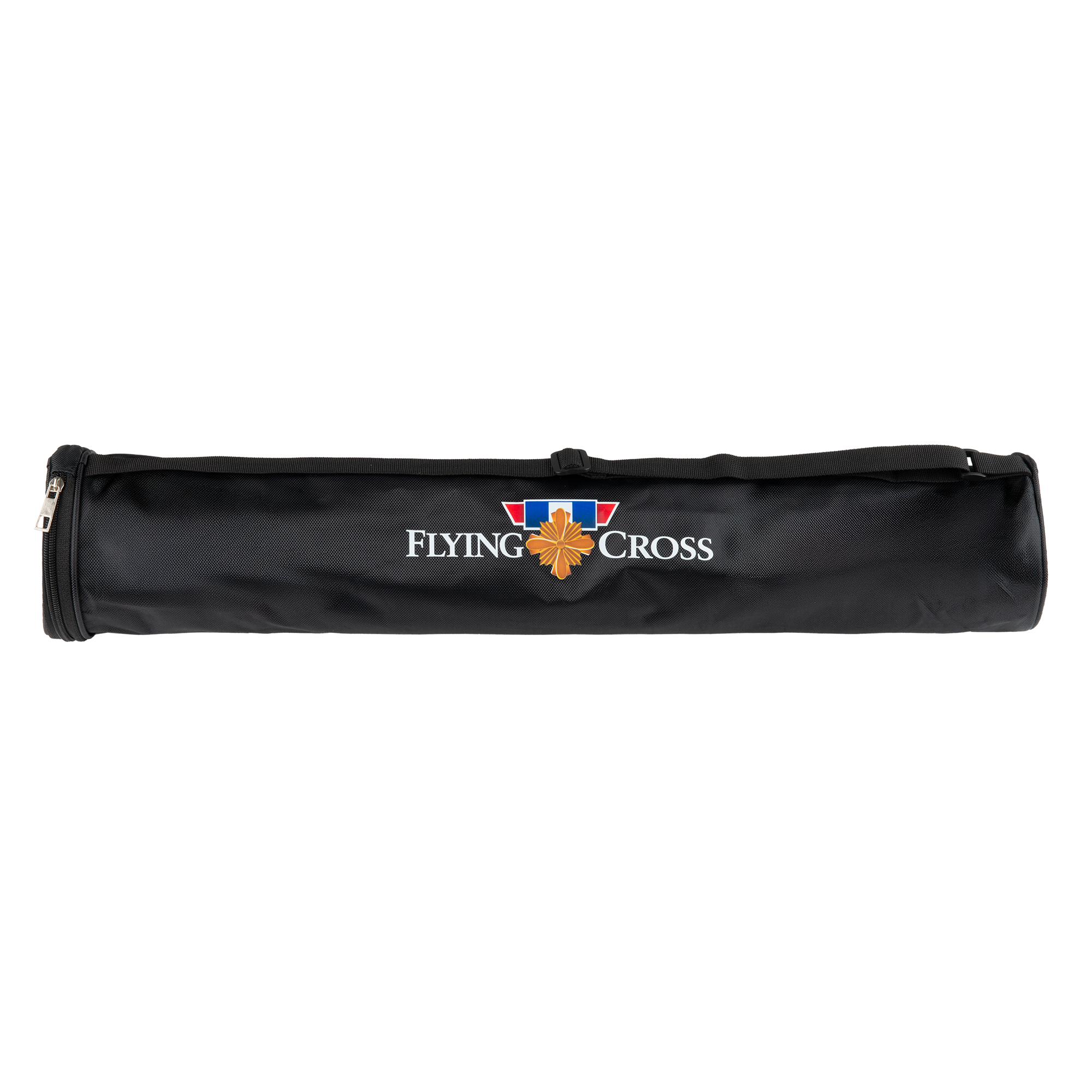 Product shot of a black Flying Cross brand carrying case featuring a gold maple leaf logo with blue and red ribbon detail and silver zipper
