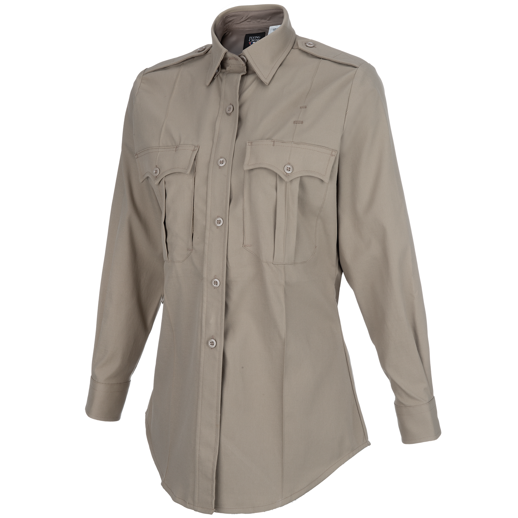 Product shot of a beige Flying Cross women's long-sleeve uniform shirt featuring two chest pockets, button-down front, and a tailored fit.