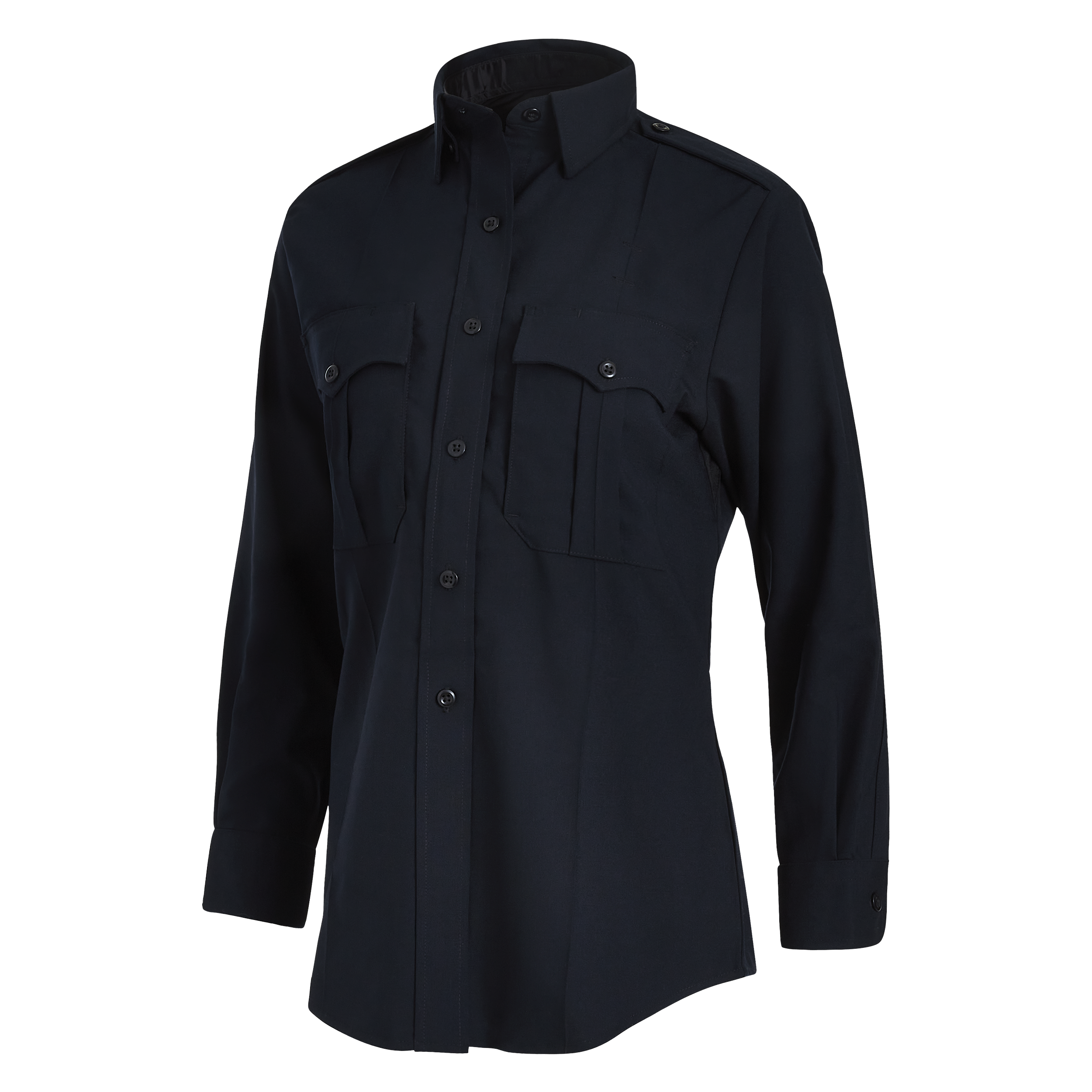 Product shot of a dark navy women's long sleeve shirt featuring a collared neckline, button closures, and two chest pockets with button flaps.