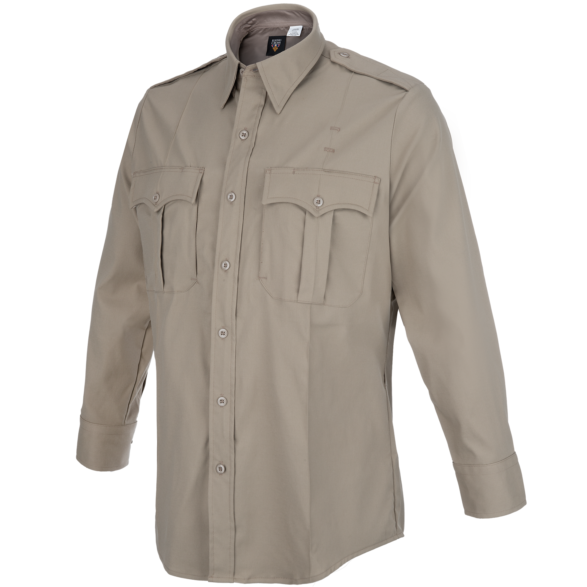 Product shot of a Flying Cross khaki long-sleeve uniform shirt featuring button-down collar, two chest pockets with flaps, and reinforced button closures showcasing its durable fabric and classic design