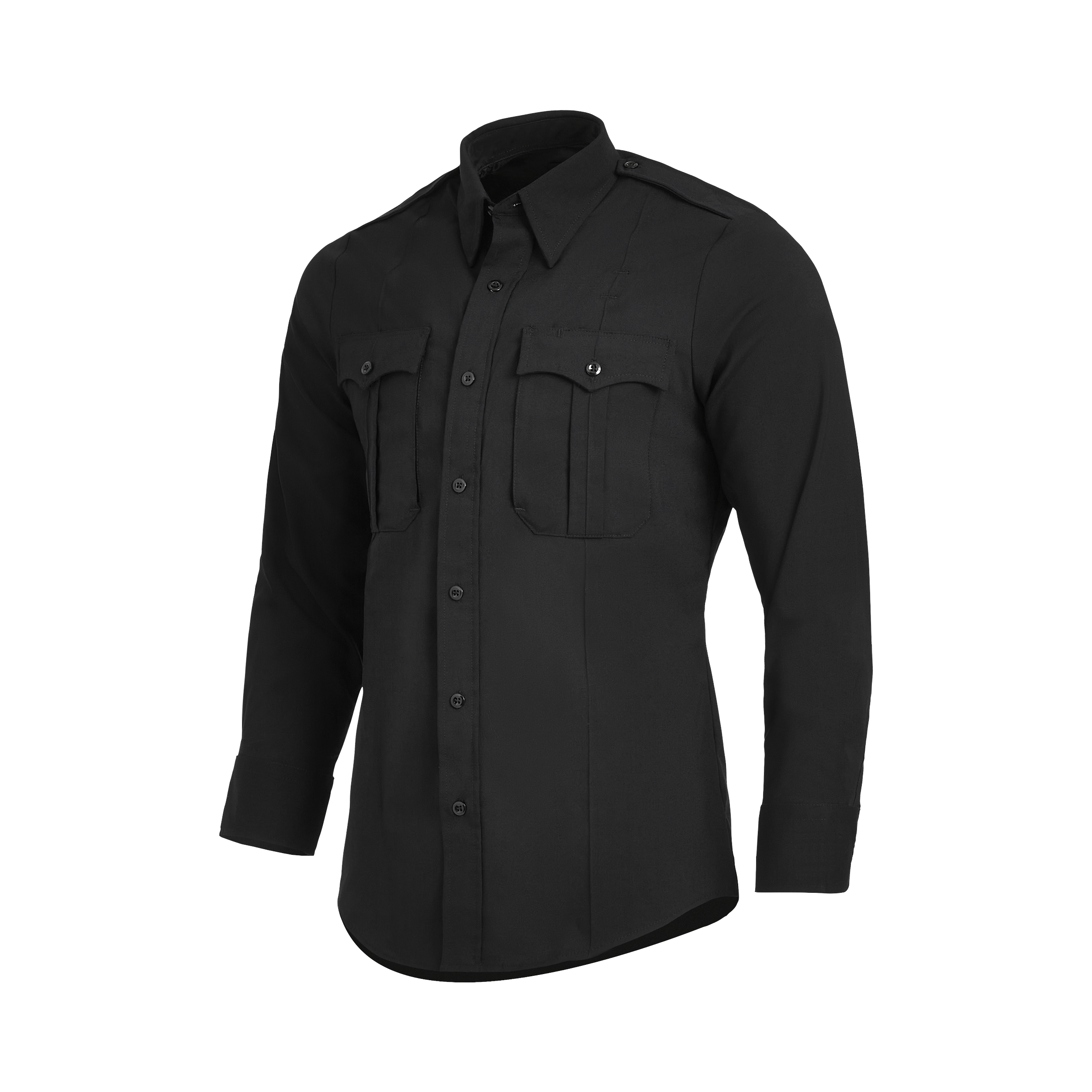 Product shot of a black long-sleeve uniform shirt featuring two buttoned chest pockets and a classic collar showcasing subtle details like the smooth fabric texture and precisely sewn buttons against a white background