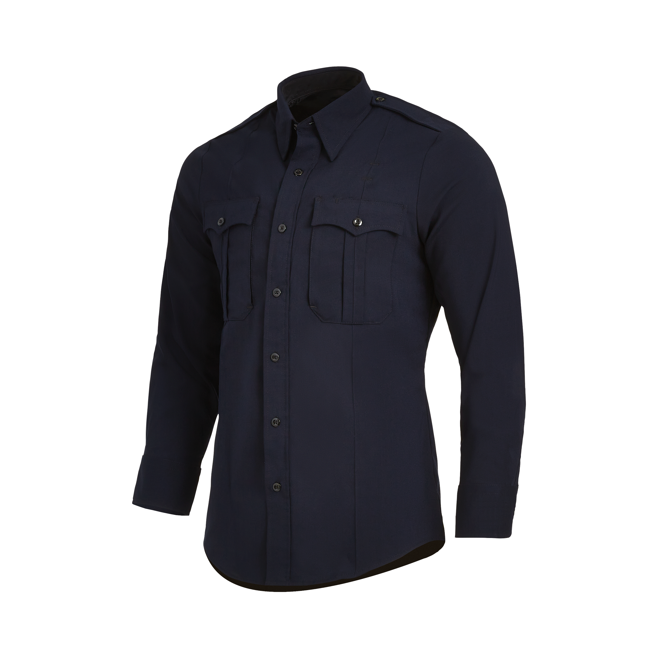Product shot of a navy blue long-sleeved shirt with button-down collar and flap pockets featuring subtle stitching details and dark buttons against a white background