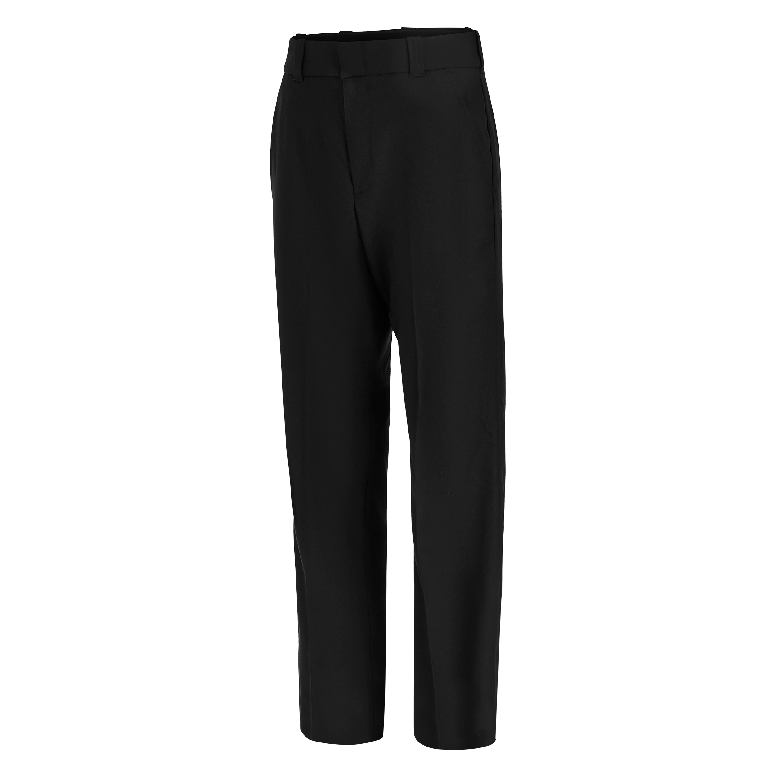 Product shot of black, wide-leg trousers showing a flat front and a subtle sheen against a white background