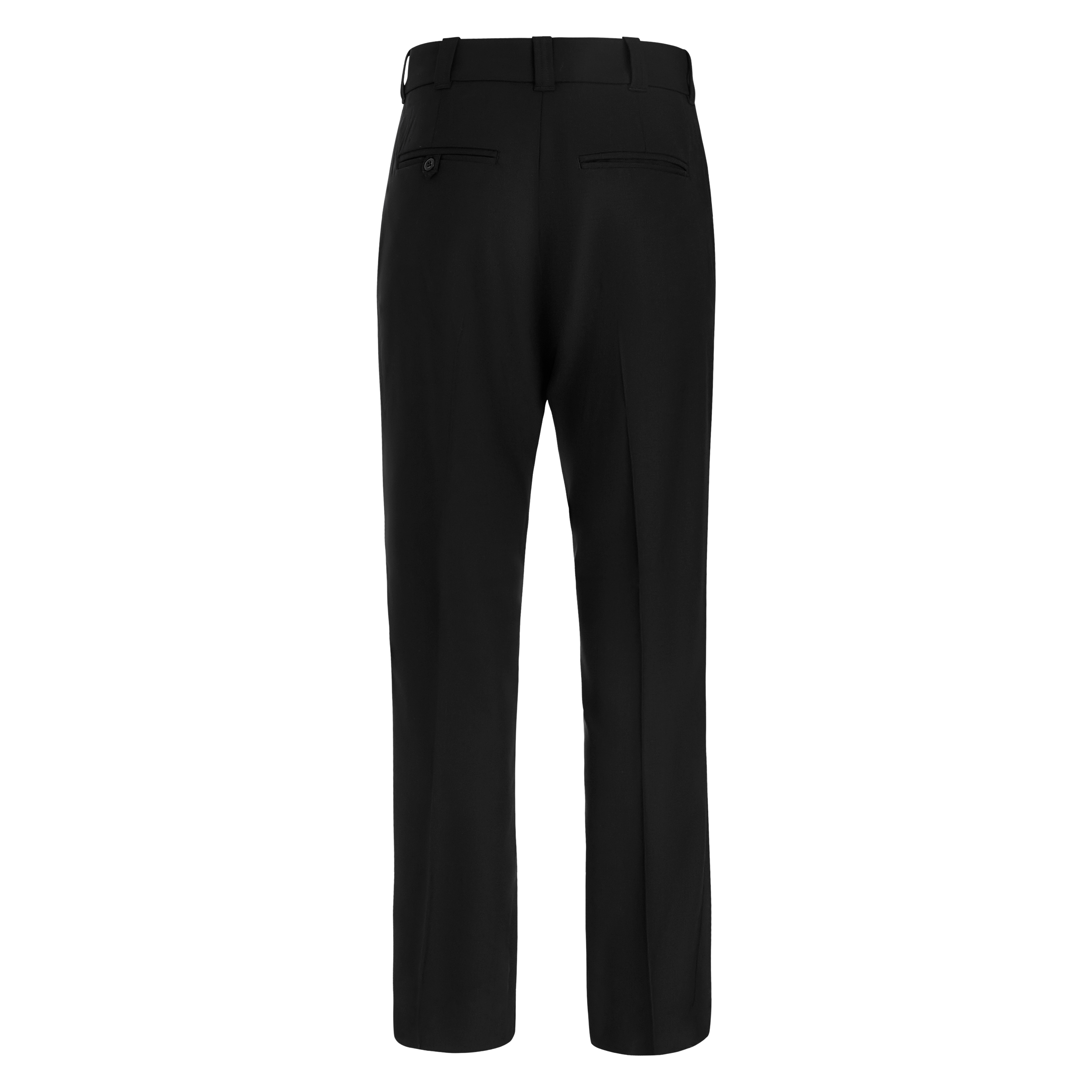 Digital rendering of black trousers showing a rear view with a single button and subtle pleats featuring a clean, crisp fabric texture and a tailored fit