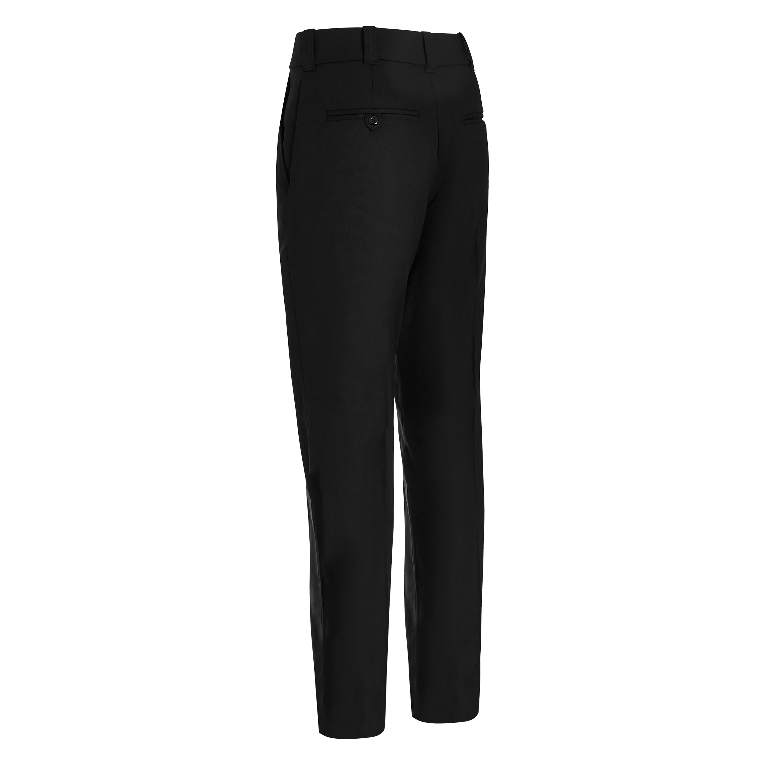 Product shot of black trousers showing a back view with a button and pocket details the fabric has a subtle sheen