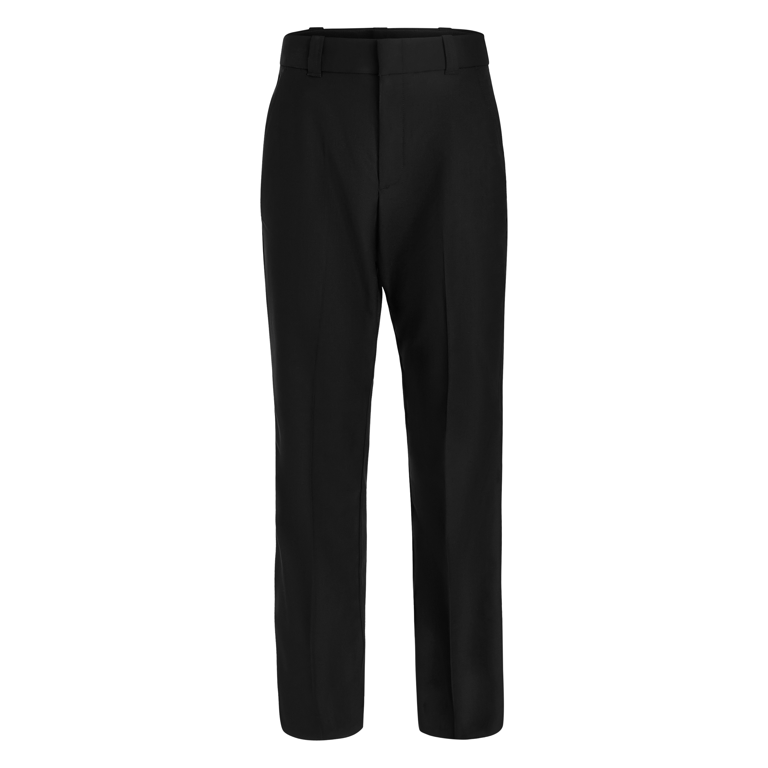 Product shot of black women's trousers featuring a high waist, straight leg silhouette, and subtle pleating at the front