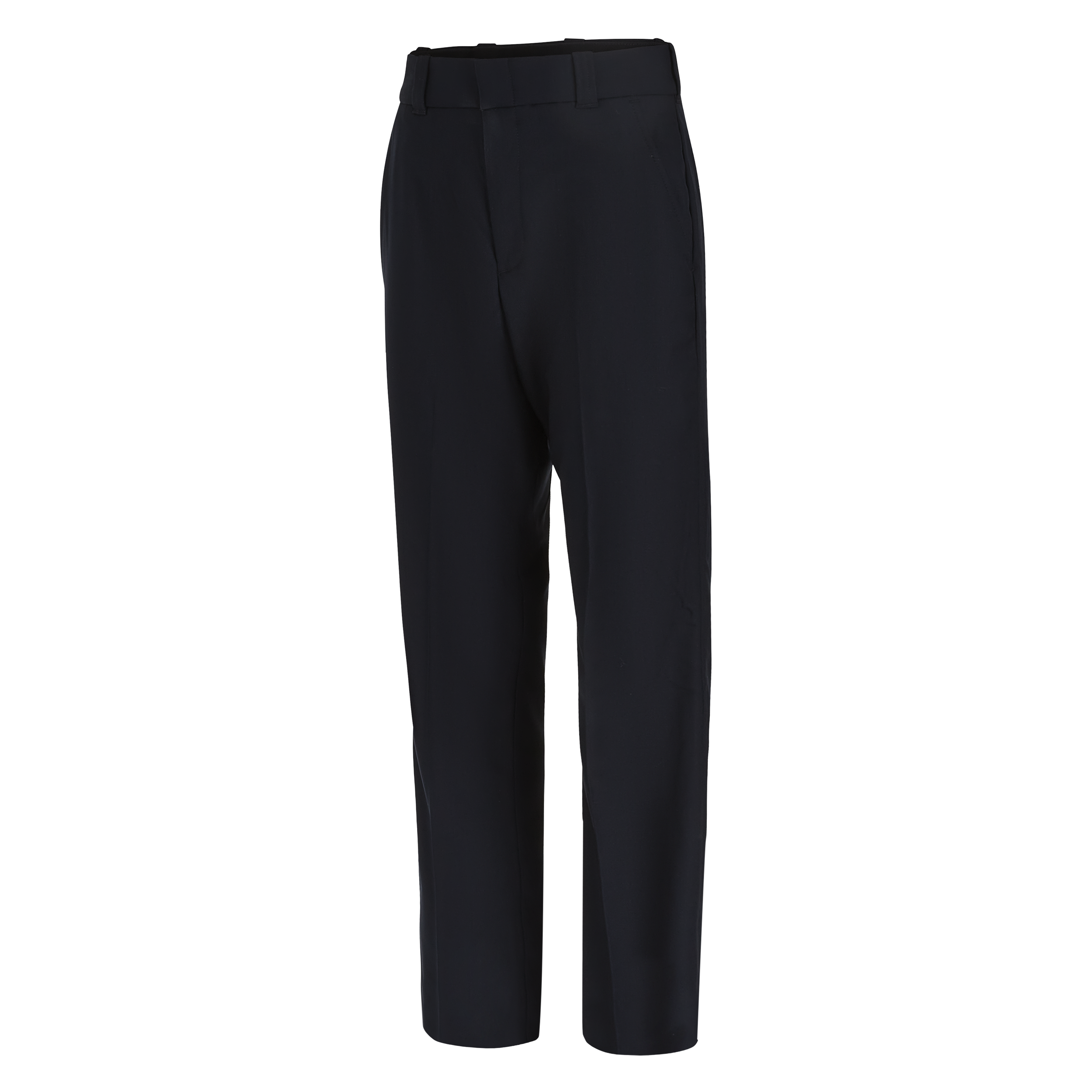 Product shot of a pair of dark navy blue, wide-leg trousers featuring a flat front and subtle creases showing the texture of the fabric