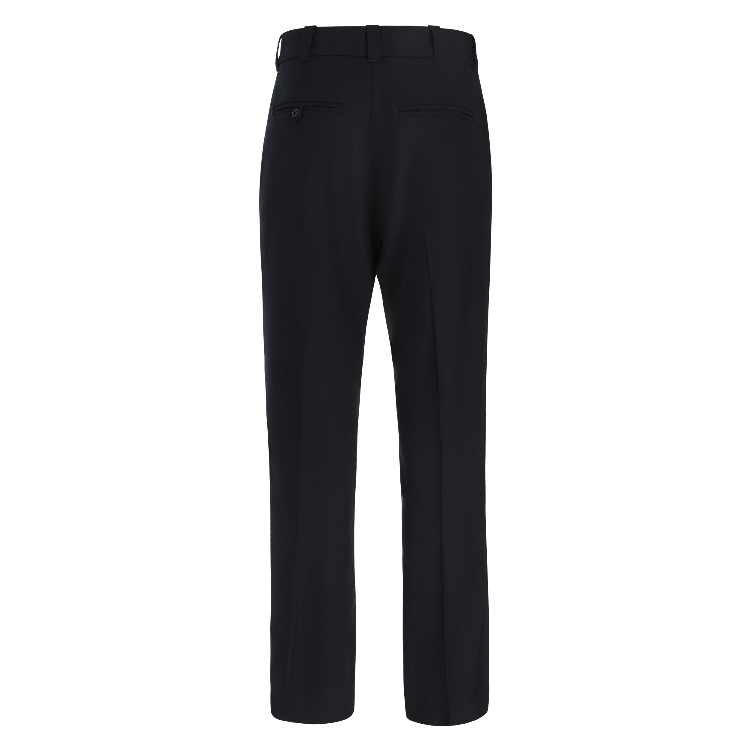 Product shot of dark navy trousers featuring a button, pockets, and a crisp crease down the center