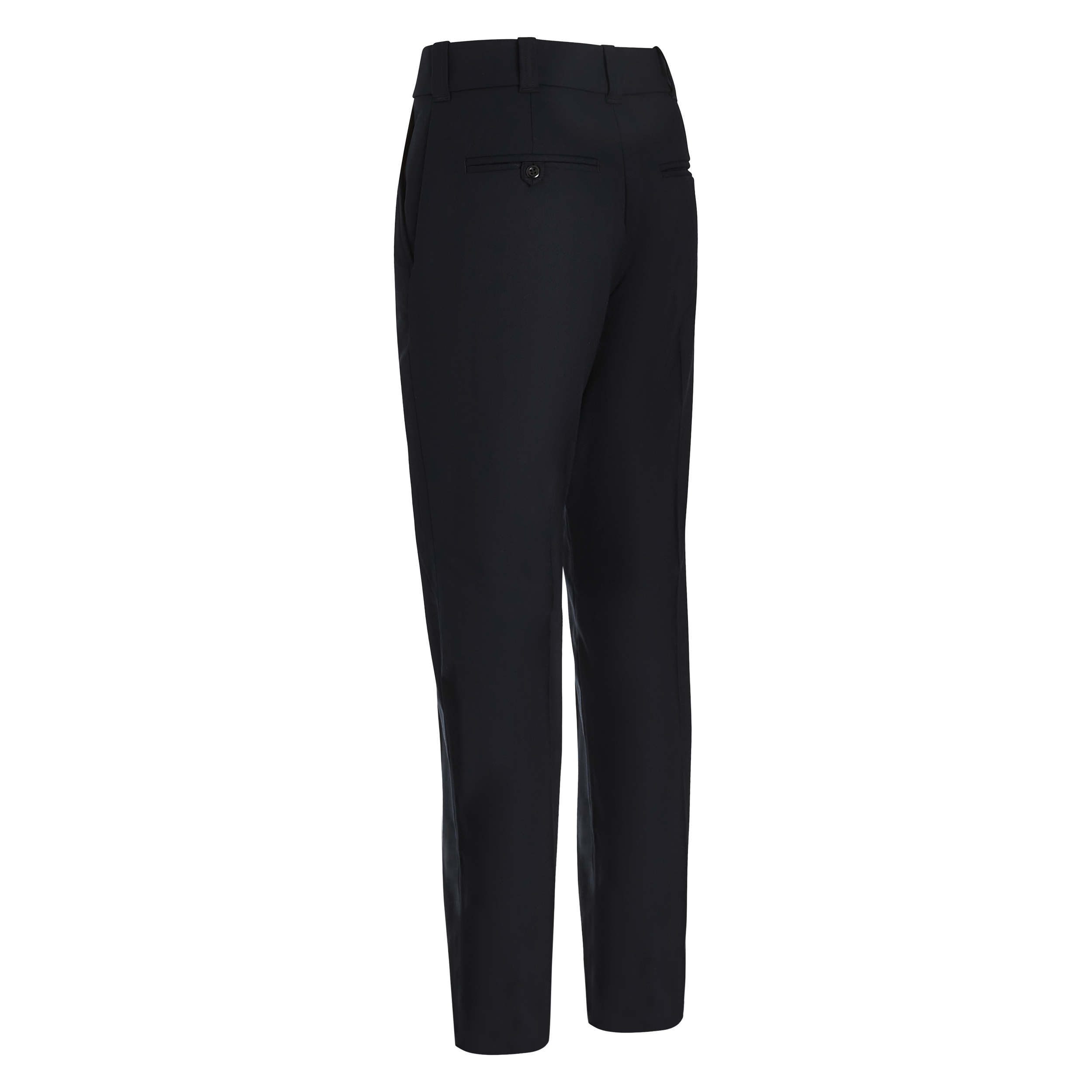 Product shot of dark navy trousers featuring a center back seam, a button closure, and sleek pockets
