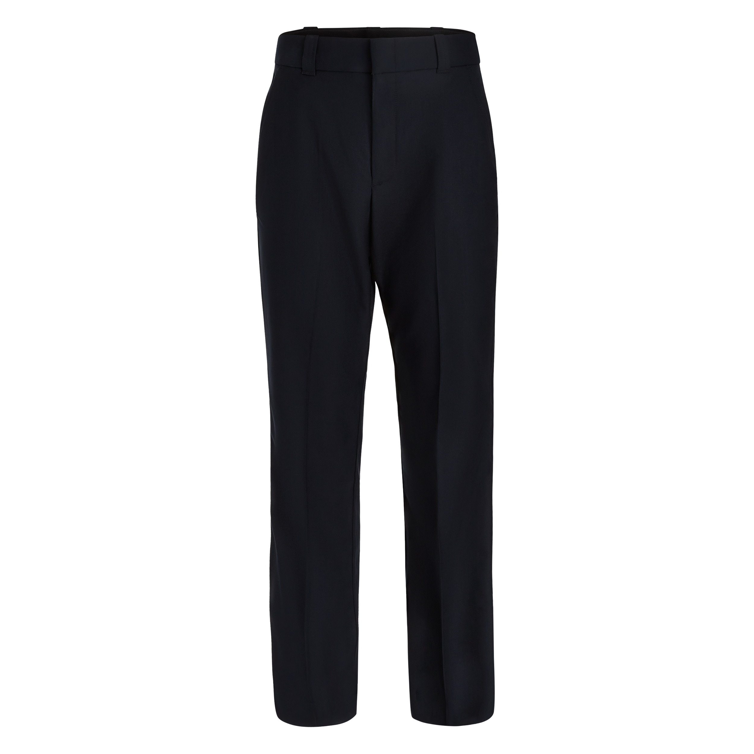 Product shot of dark navy blue women's trousers featuring a center crease, flat front, and a tailored fit