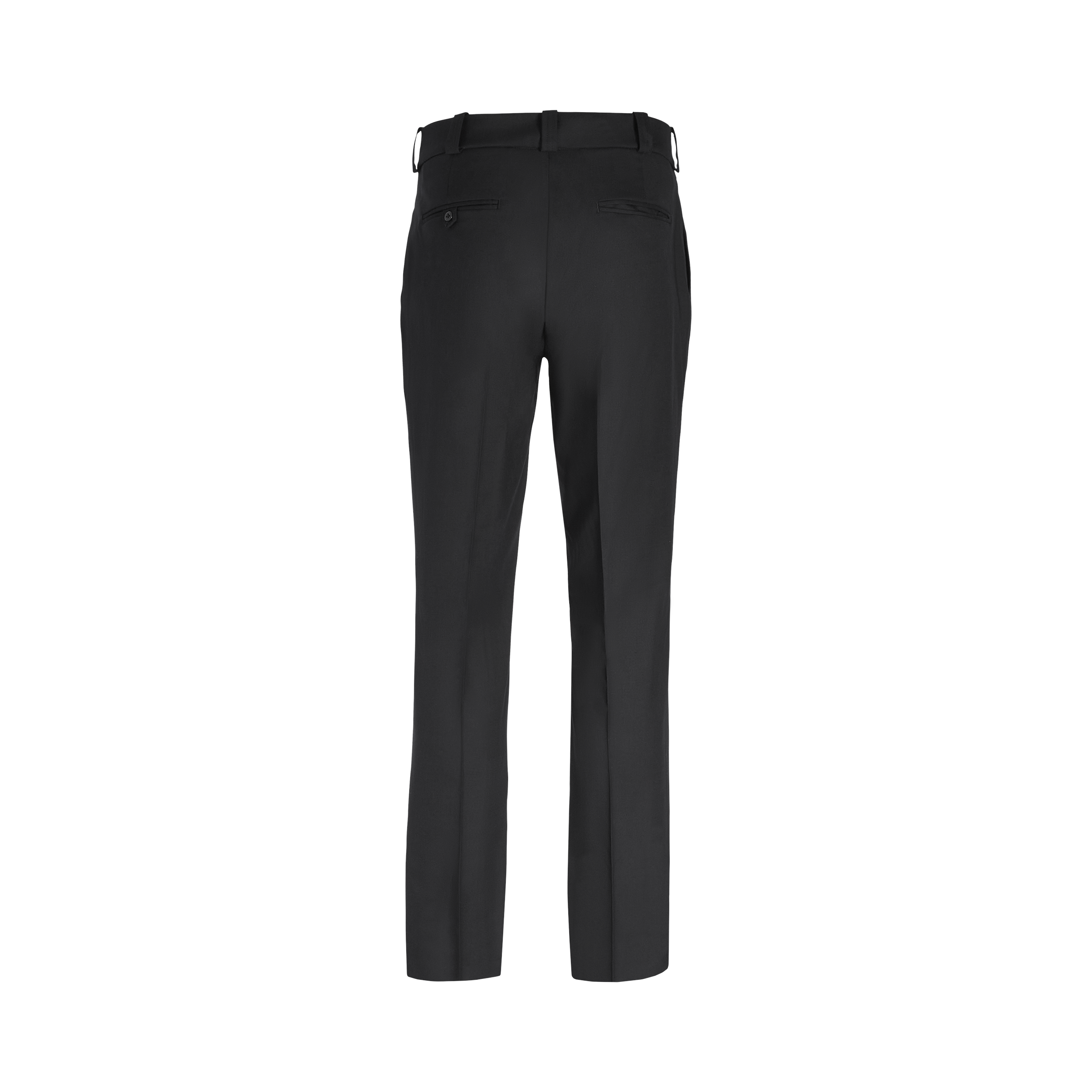 Product shot showing a pair of black dress pants with a center crease, belt loops, and back pockets featuring a subtle sheen and clean lines