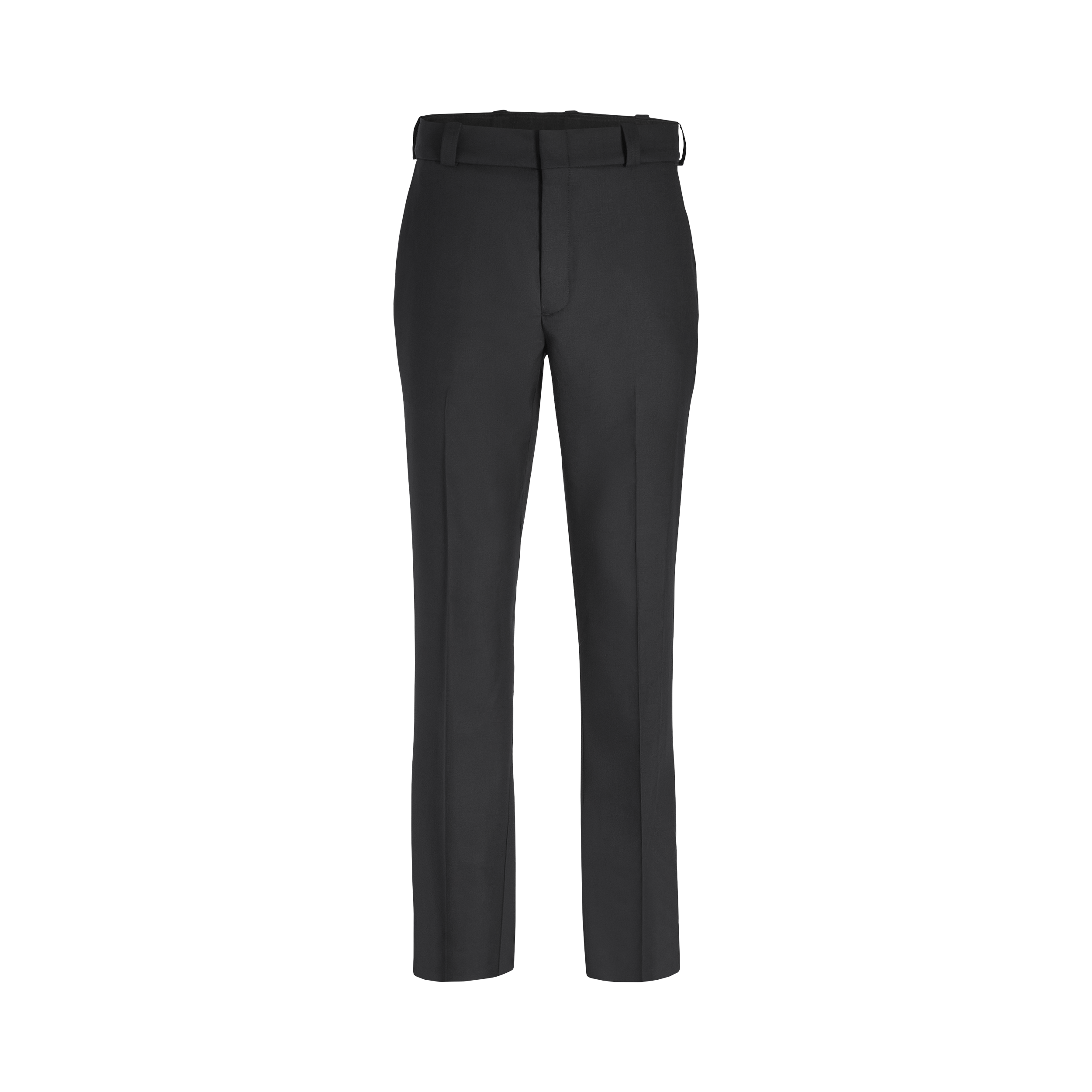 Product shot of dark gray flat-front trousers featuring a tailored fit, a clean waistband, and subtle creases down the legs