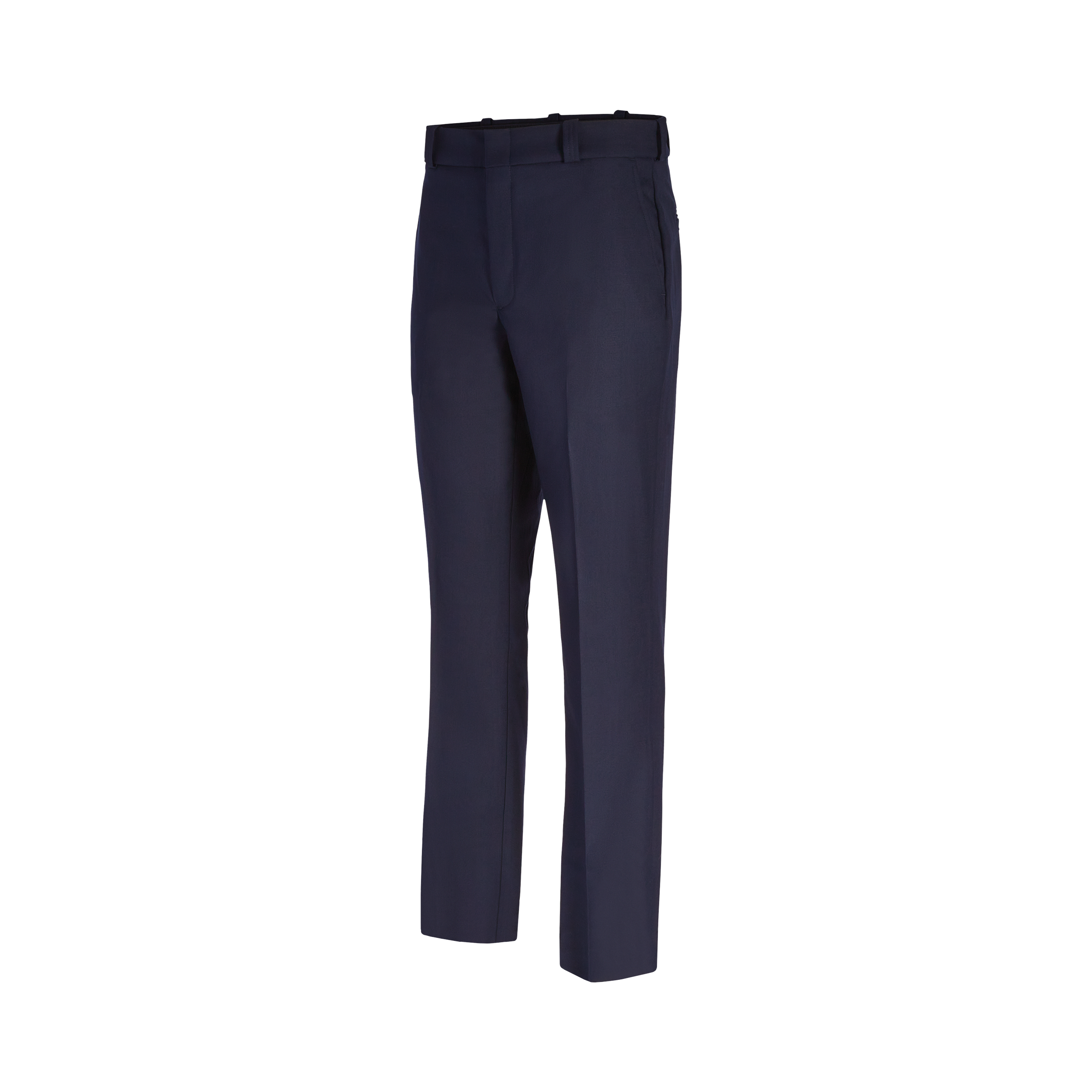 Product shot of navy blue dress pants showing a flat front, belt loops, and a clean crease featuring a subtle sheen and sharp lines