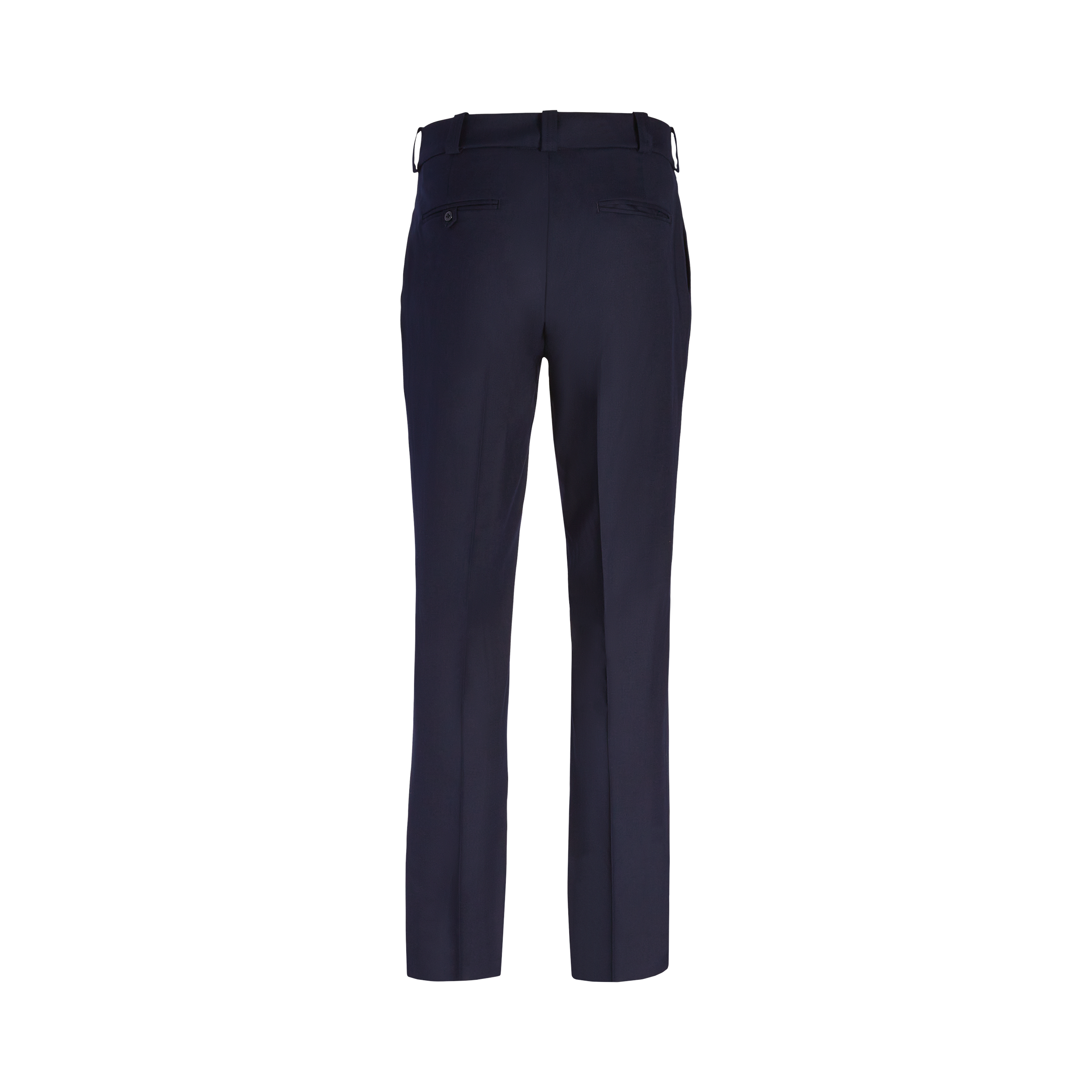 Product shot of navy blue dress pants featuring a center crease, belt loops, and back pockets