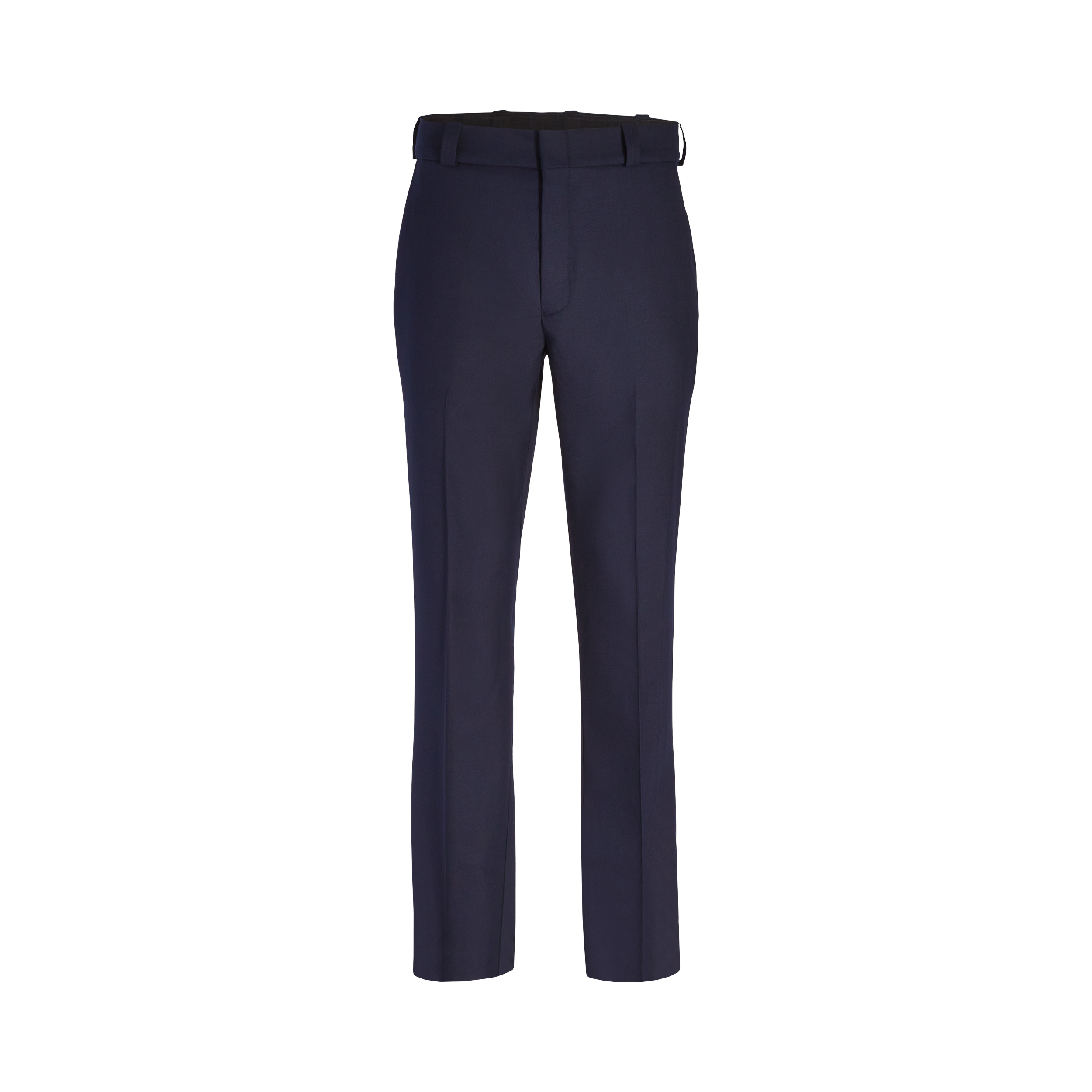 Product shot of a pair of navy blue dress pants featuring a dark waistband, crisp creases, and a straight-leg silhouette