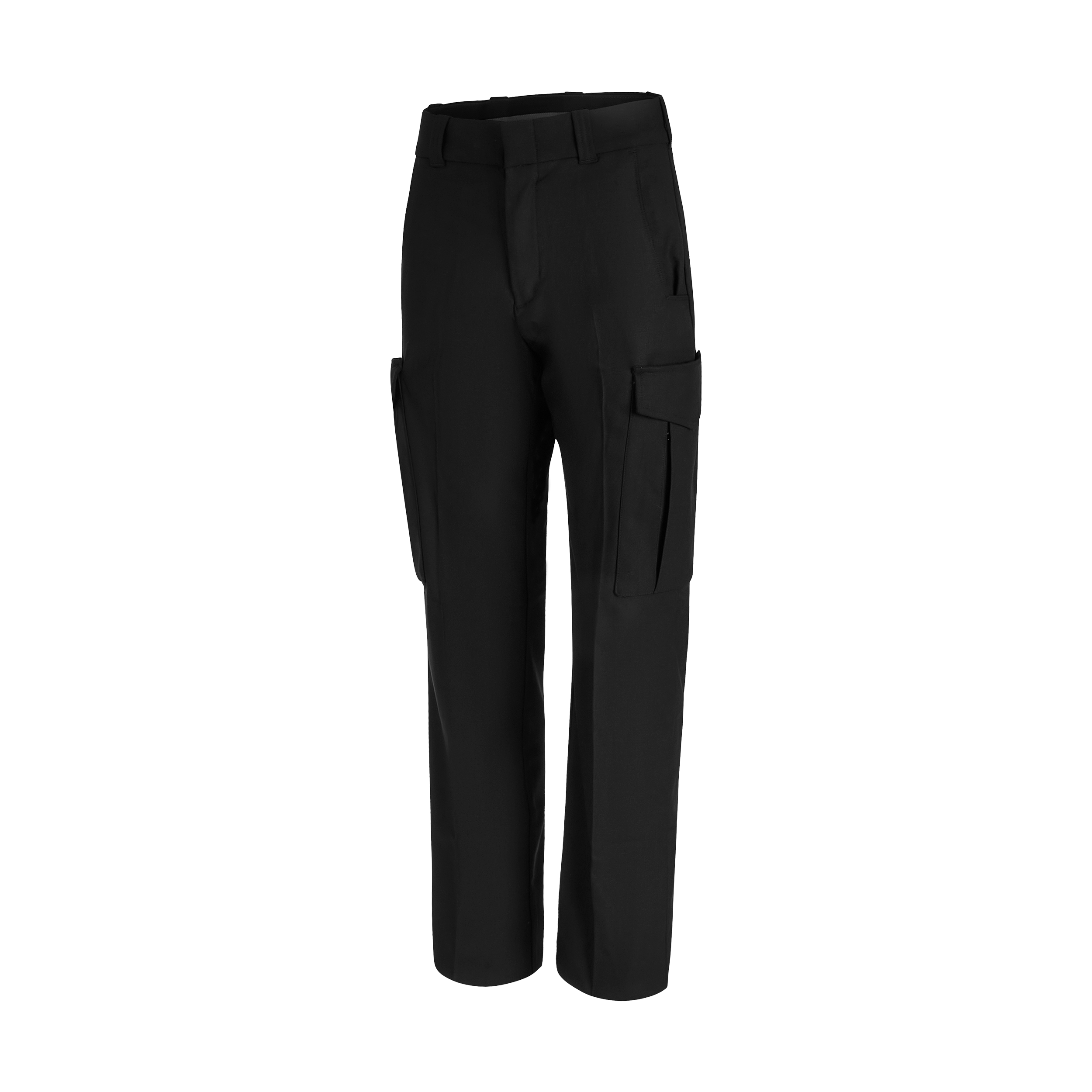 Product shot of black cargo pants featuring a tailored fit, functional pockets and a classic design