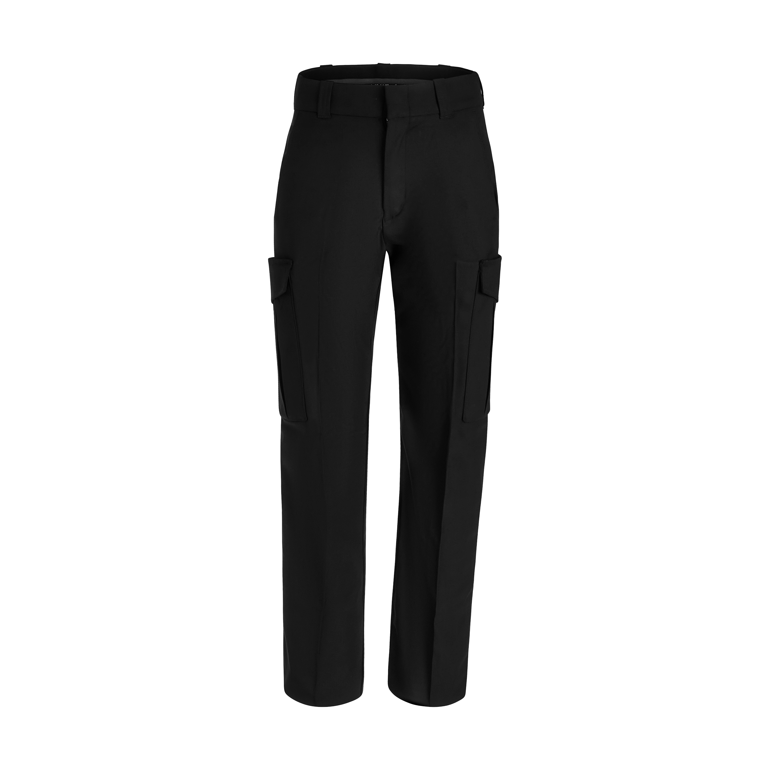 Product shot of black cargo pants featuring a flat front, side pockets, and a crisp crease down the leg.