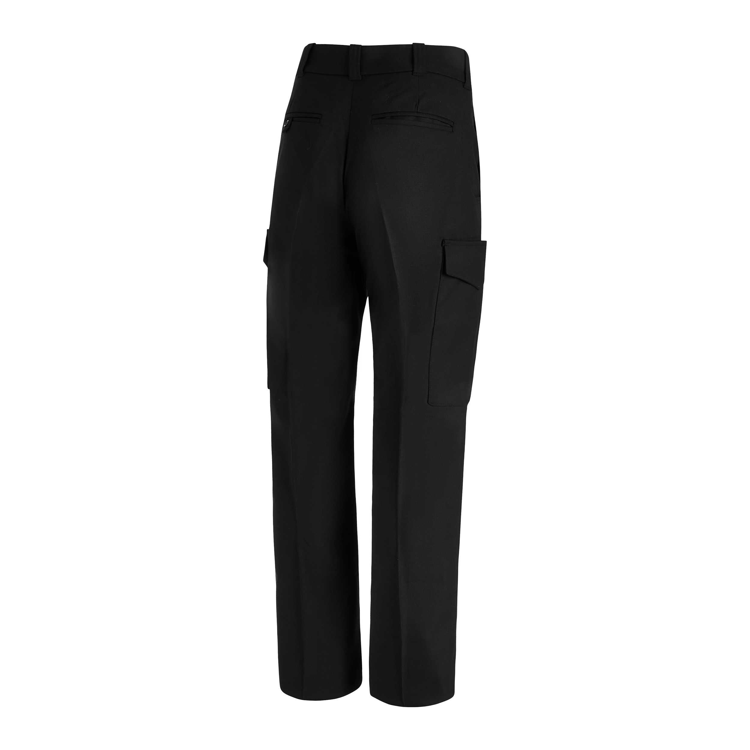 Product shot of black women's cargo pants featuring a back view, a flat waistband, and two side pockets