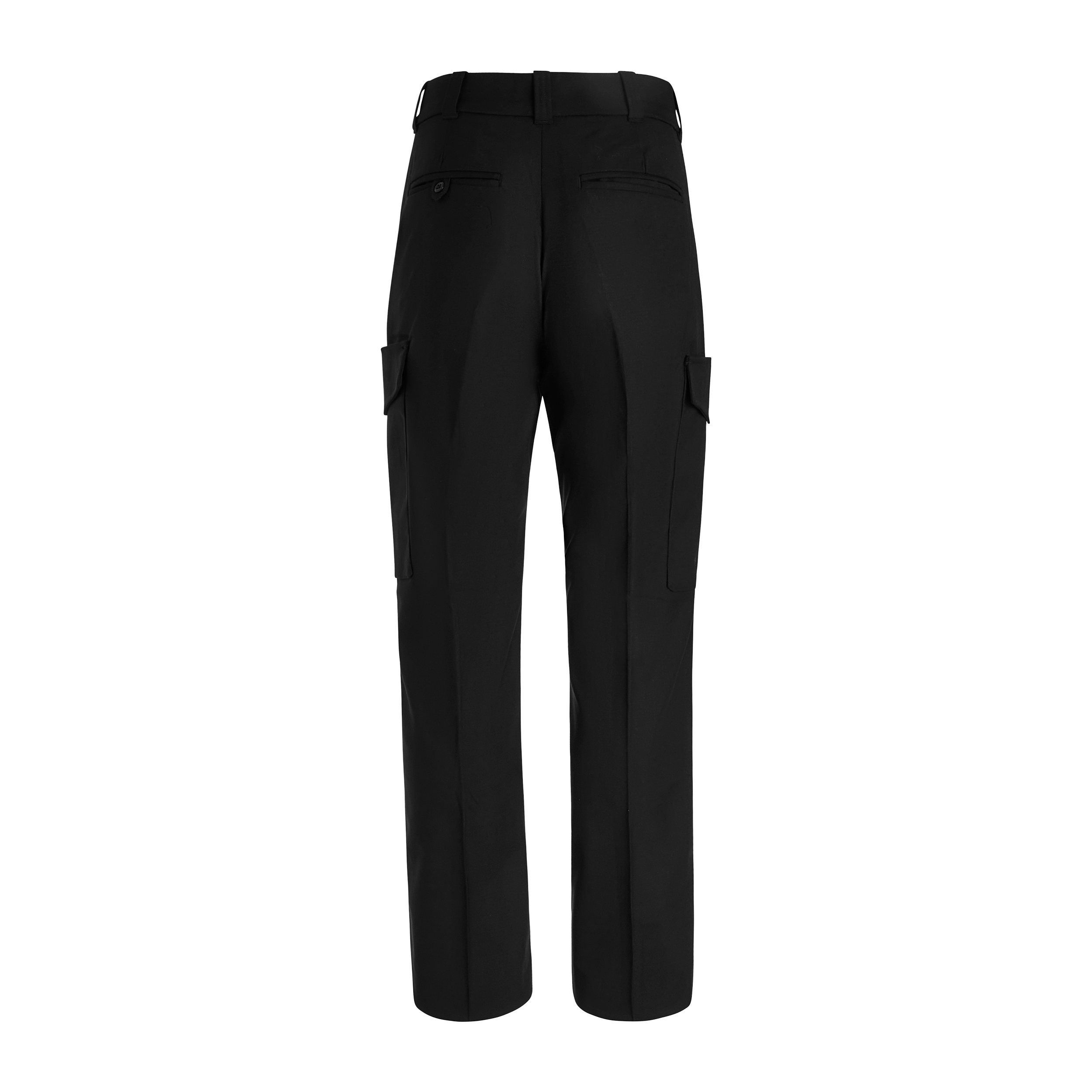 Product shot of black cargo pants featuring a center crease, button closure, and two side pockets against a white background