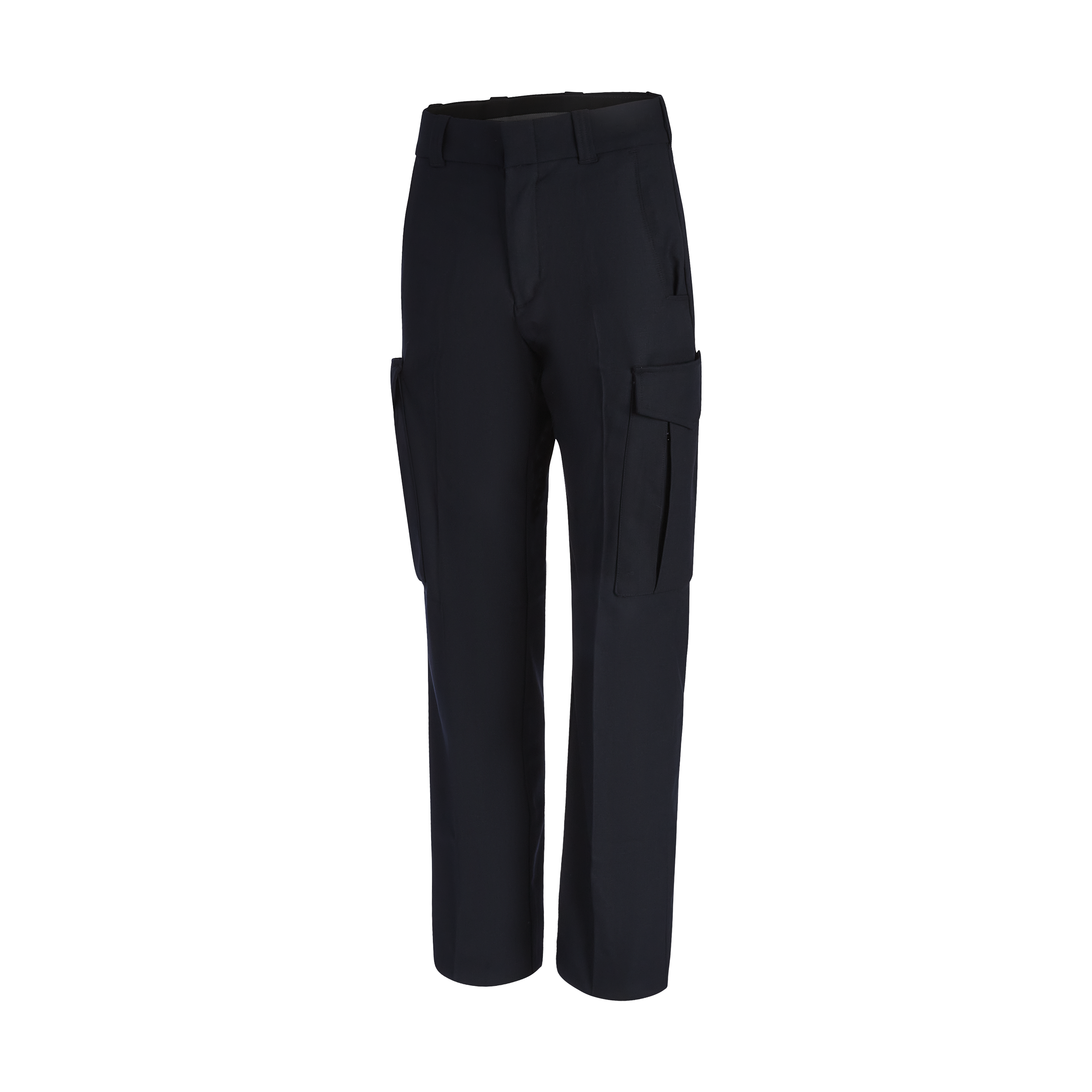 Product shot of dark navy blue cargo pants featuring a flat front, a buttoned waist, and two sizable side pockets.