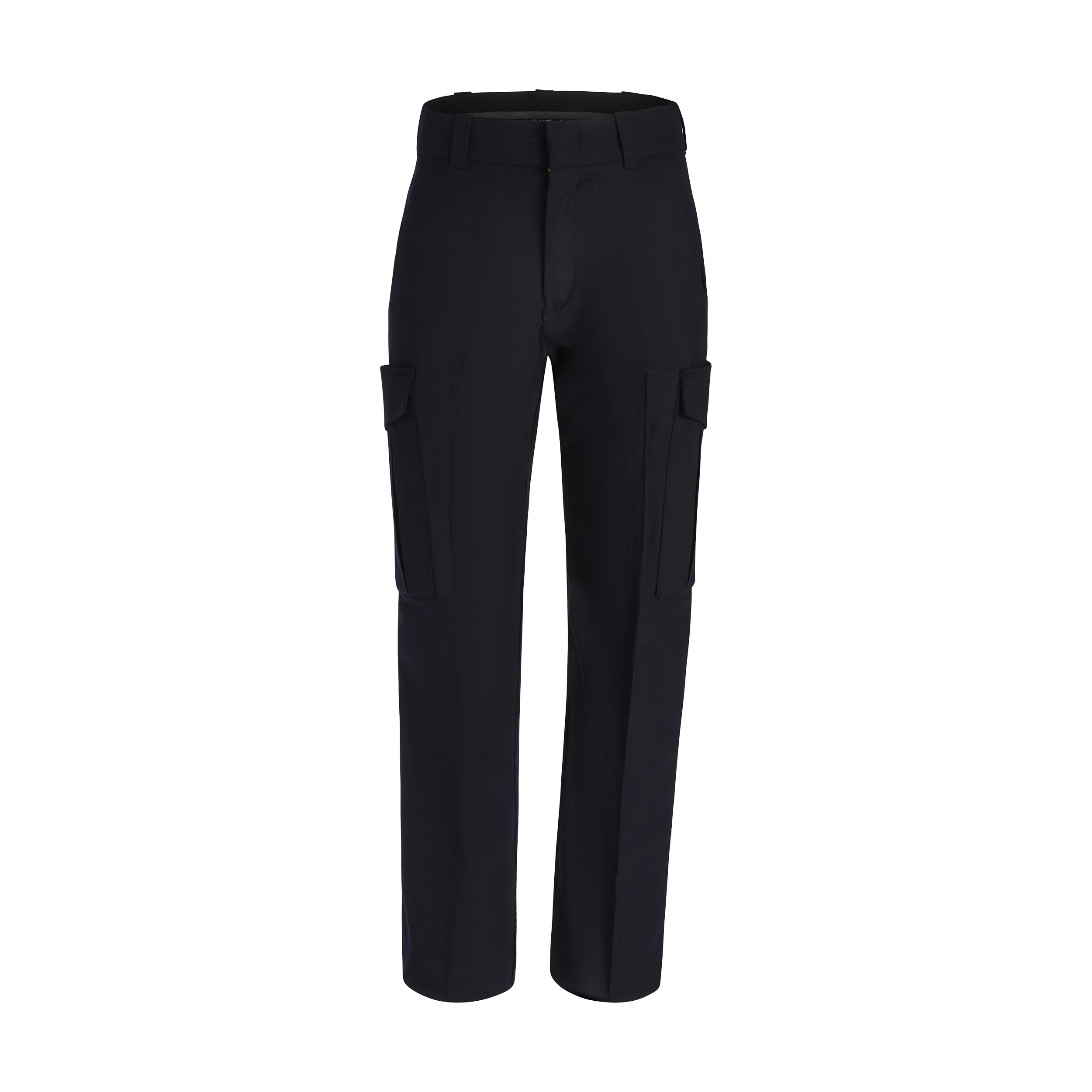 Product shot of dark navy blue women's cargo pants featuring two side pockets and a flat front design