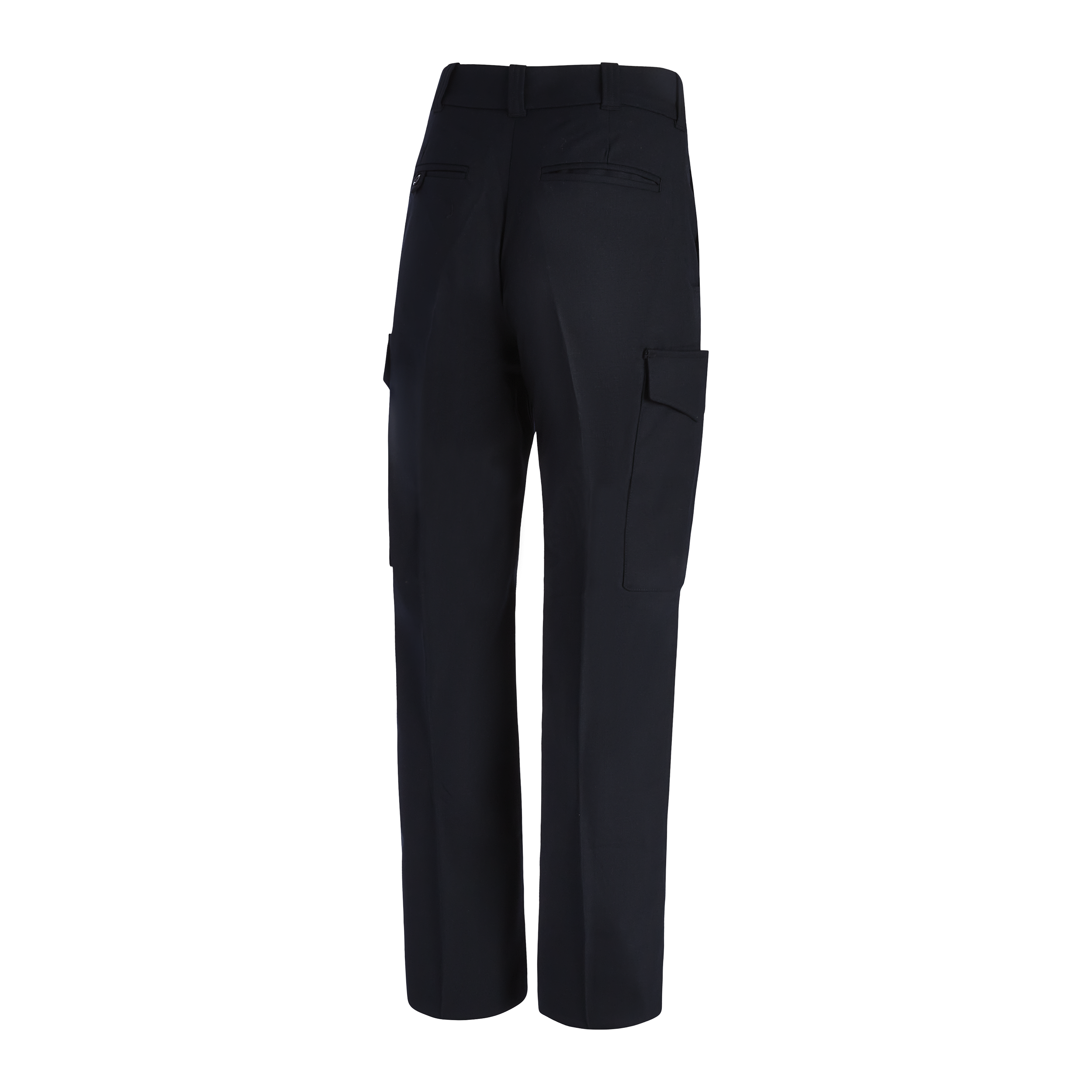 Product shot showing the back of dark navy women's cargo pants featuring a flat front waistband and two side cargo pockets with subtle stitching detail