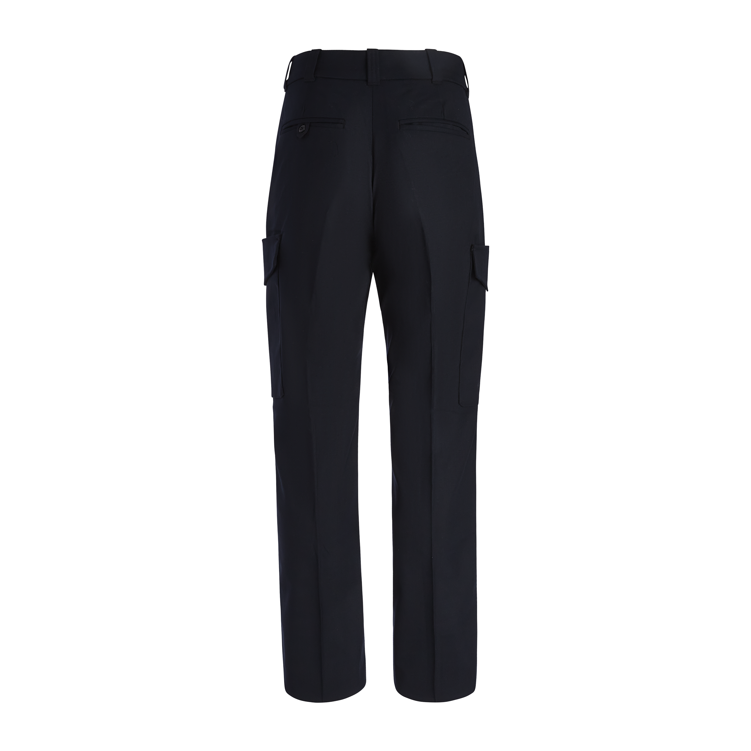 Product shot of navy blue cargo pants featuring a button closure, two side pockets, and a crisp crease down the center.