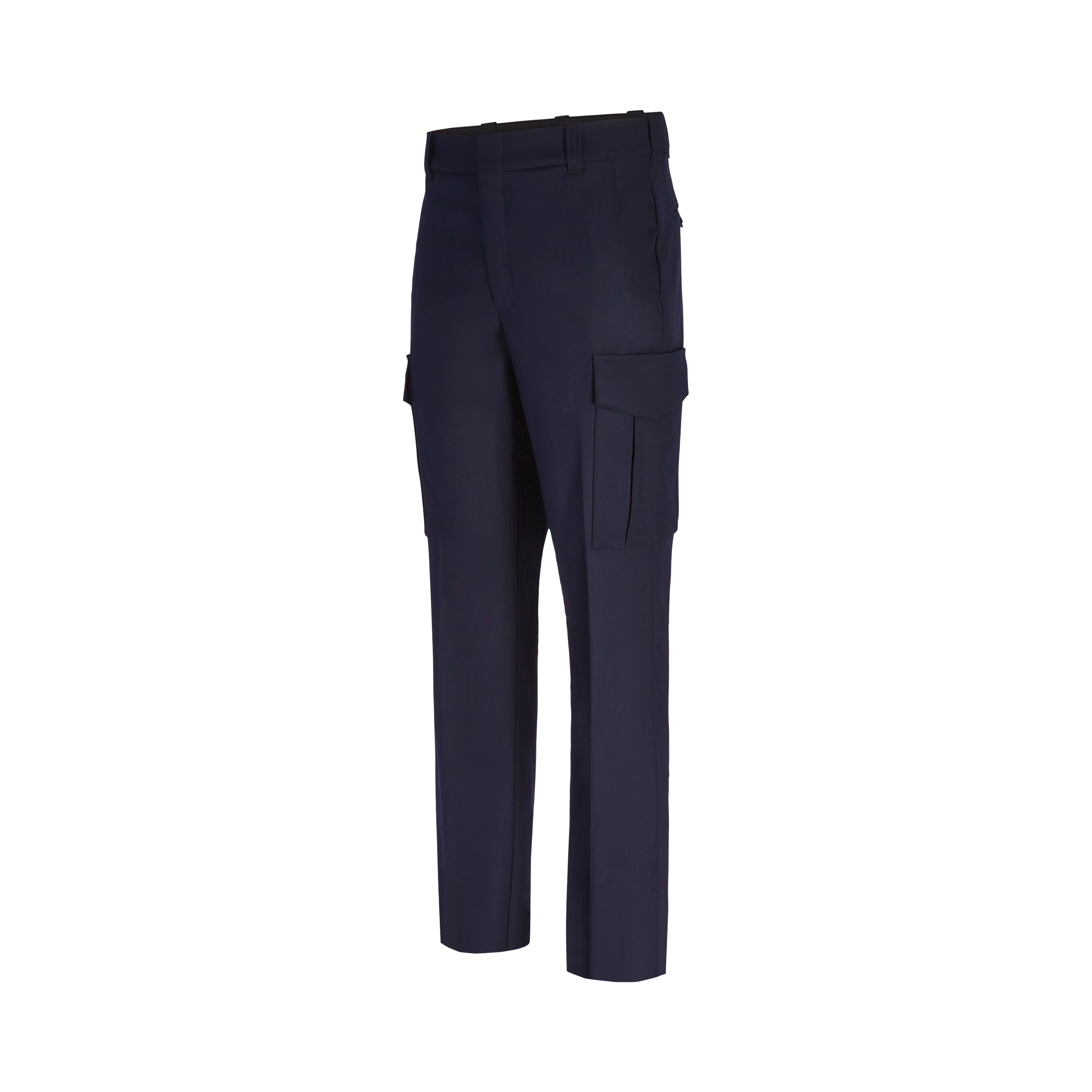 Product shot of navy blue cargo pants featuring a flat front, two side pockets and a tailored fit.