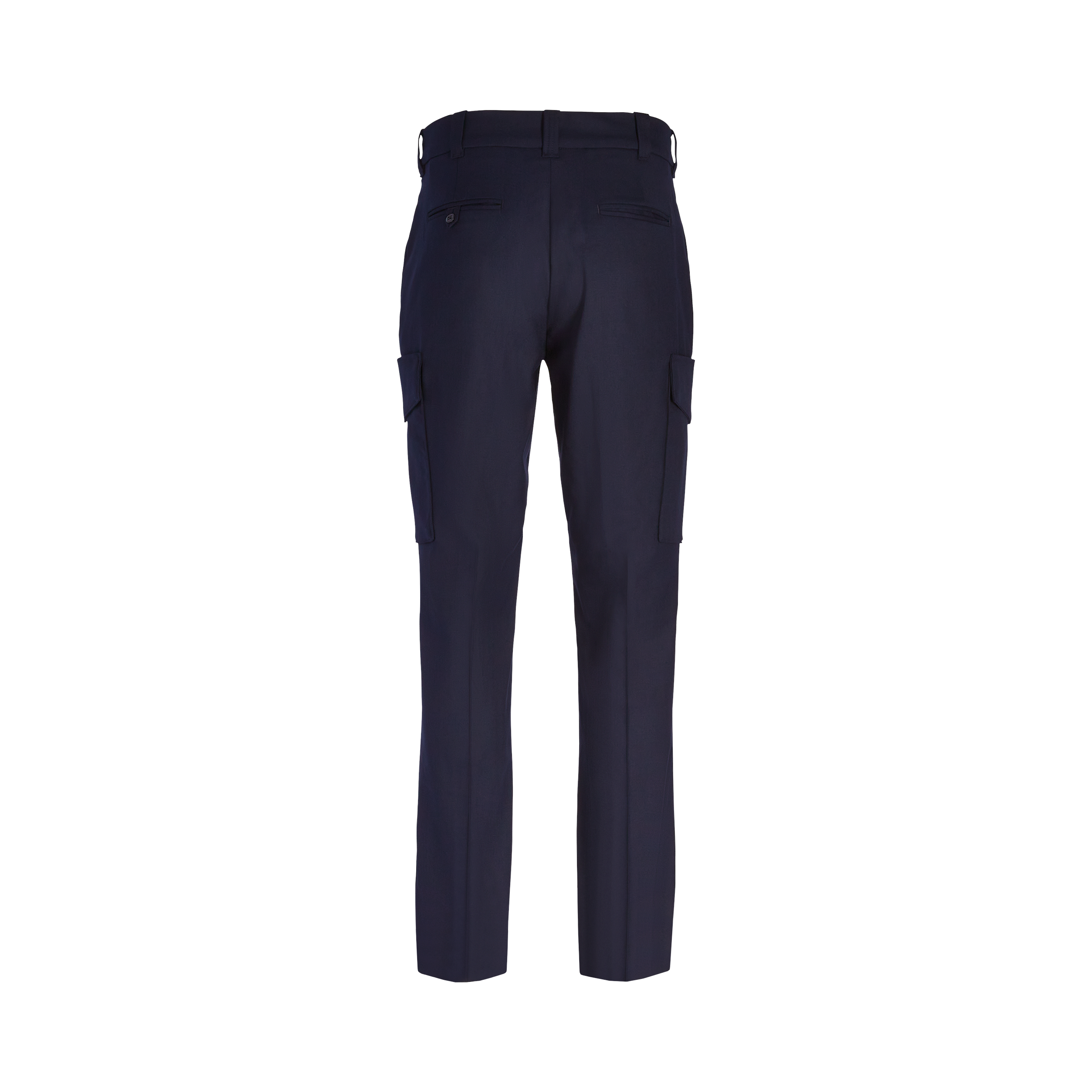 Product shot of navy blue cargo pants featuring a button closure, two side pockets and a boxy silhouette