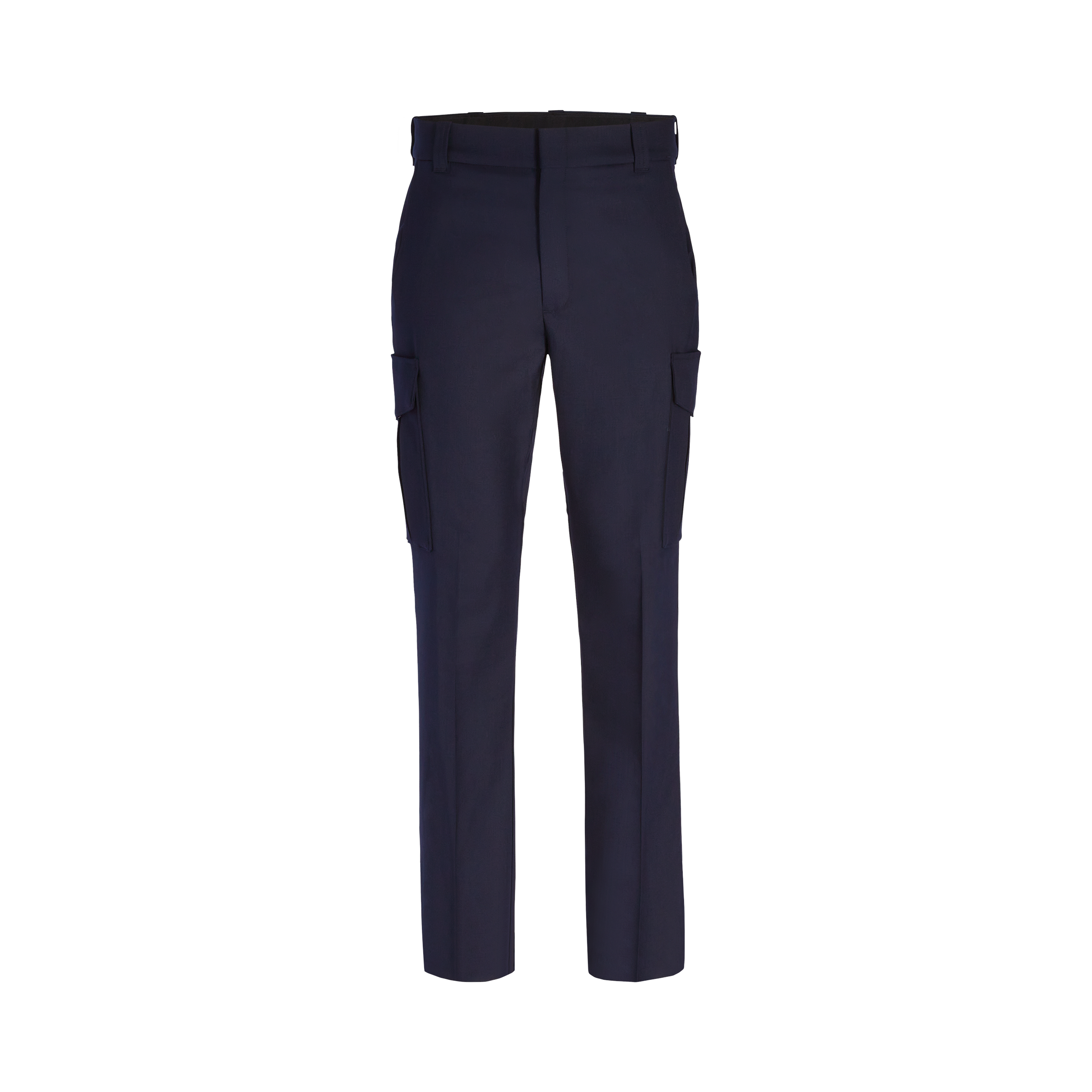 Product shot of navy blue cargo pants featuring a flat front, two side pockets, and a dark waistband
