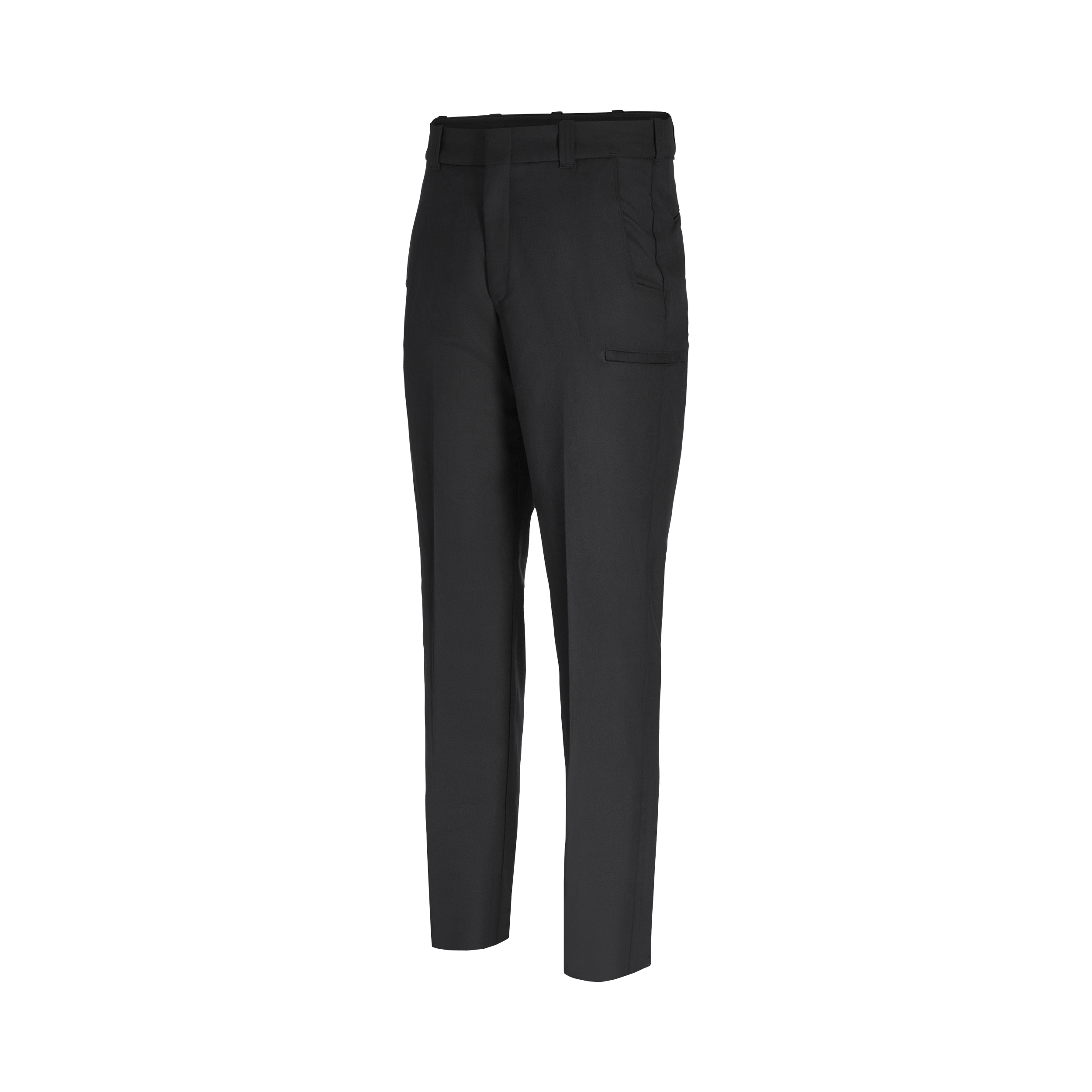 Product shot of black pants featuring a flat front, a back pocket, and a clean, tailored silhouette against a white background