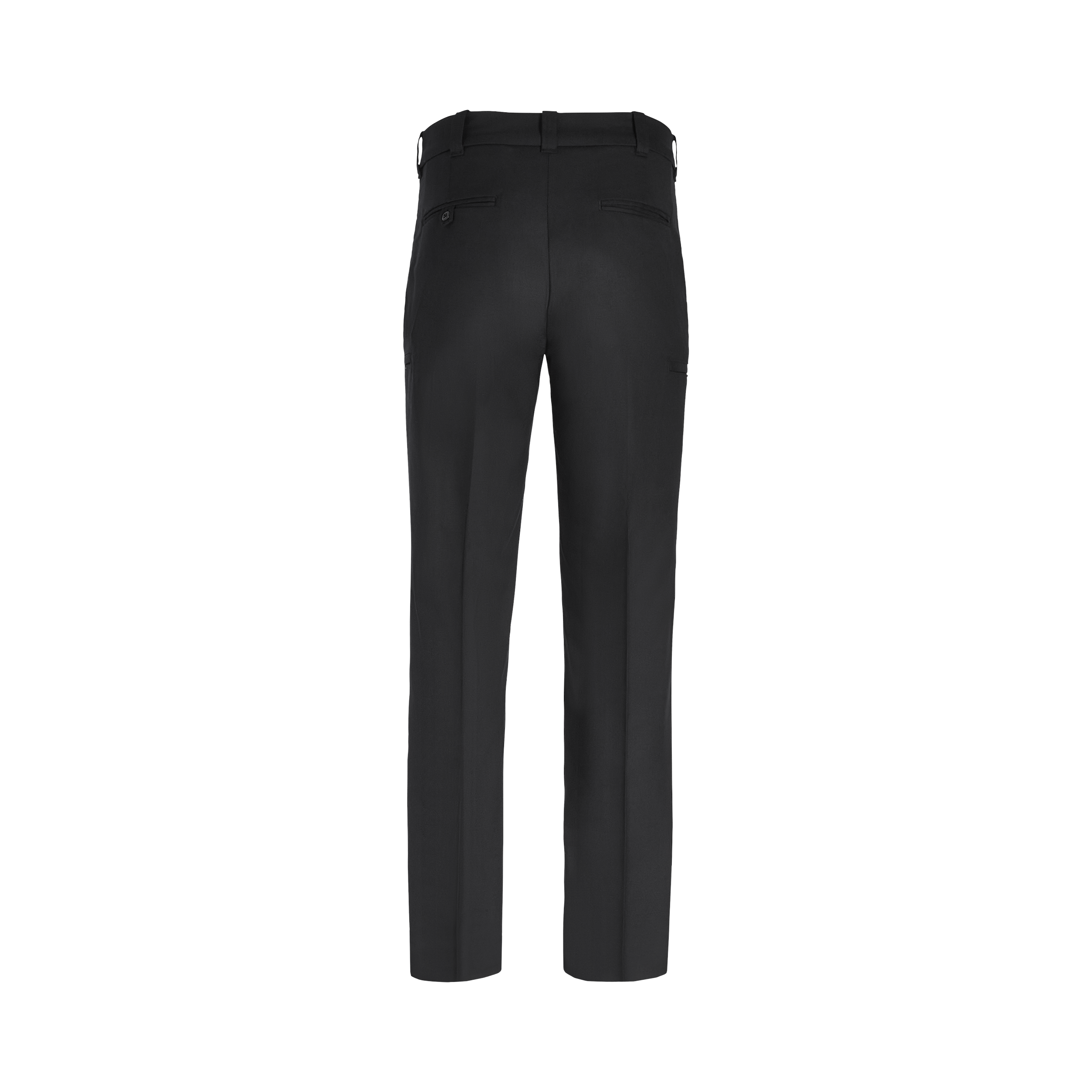 Product shot showing a pair of black pants with a button and belt loops and featuring a dark, subtly textured fabric and clean lines