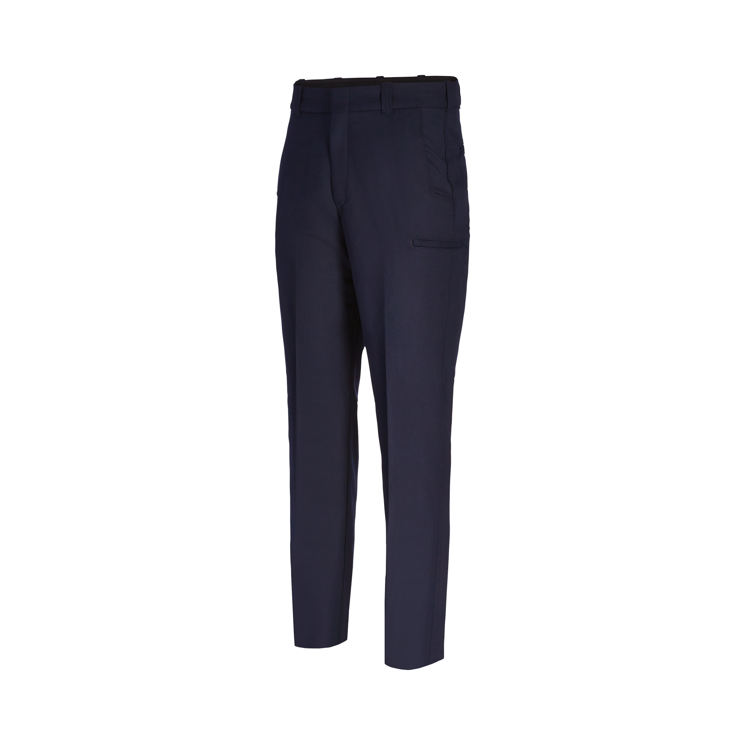 Product shot of dark navy blue pants featuring a flat front, a partially visible dark waistband, and two side pockets.