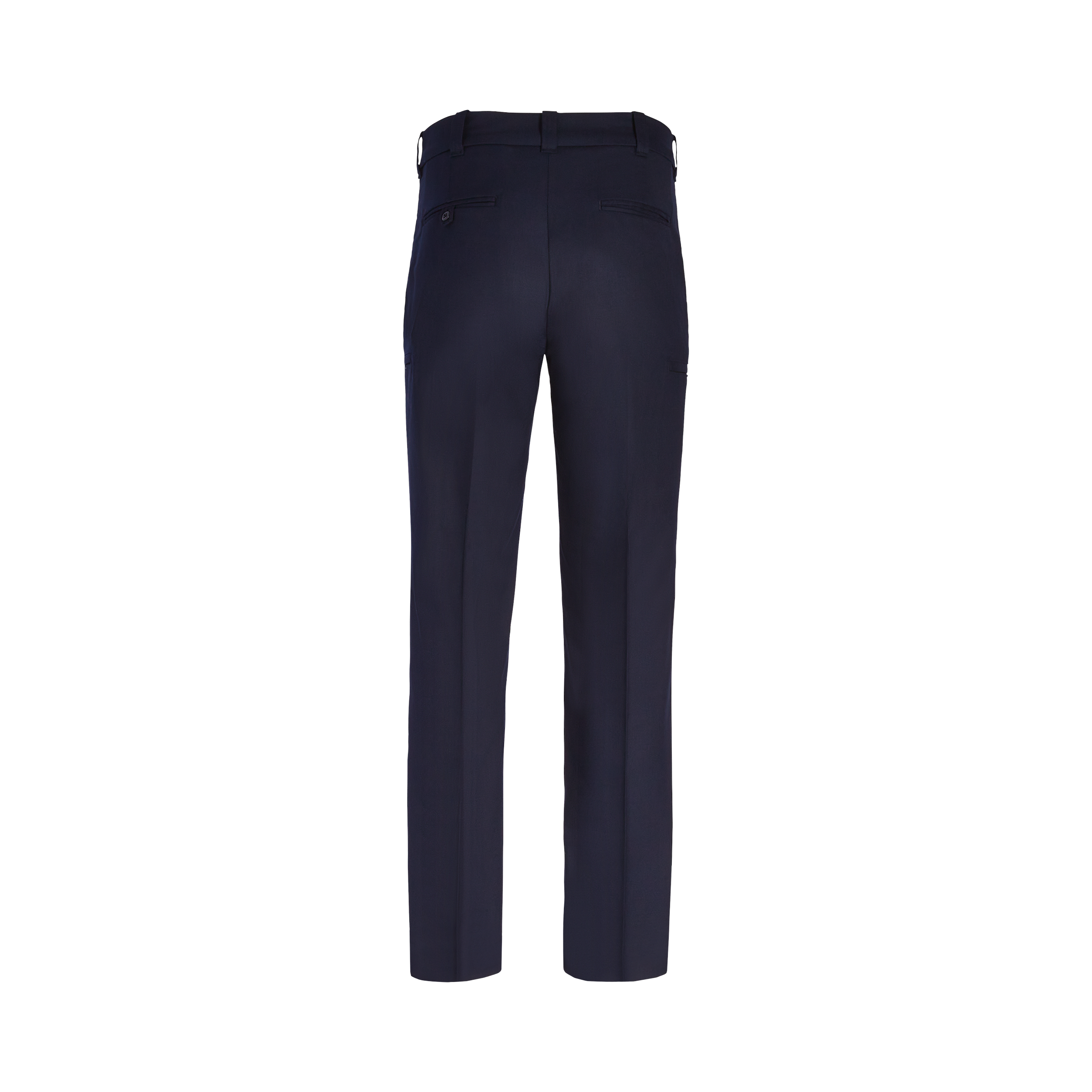 Product shot showing a pair of navy blue women's trousers with a center crease and two back pockets featuring a subtle sheen and a neatly finished hem