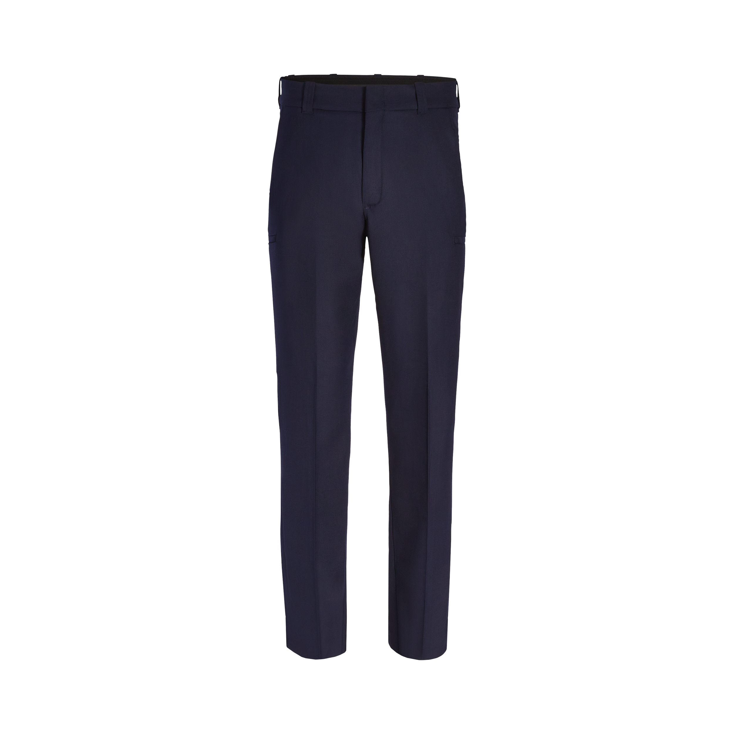 Product shot showing a pair of dark navy blue men's dress pants with a flat front and a subtle sheen on a white background