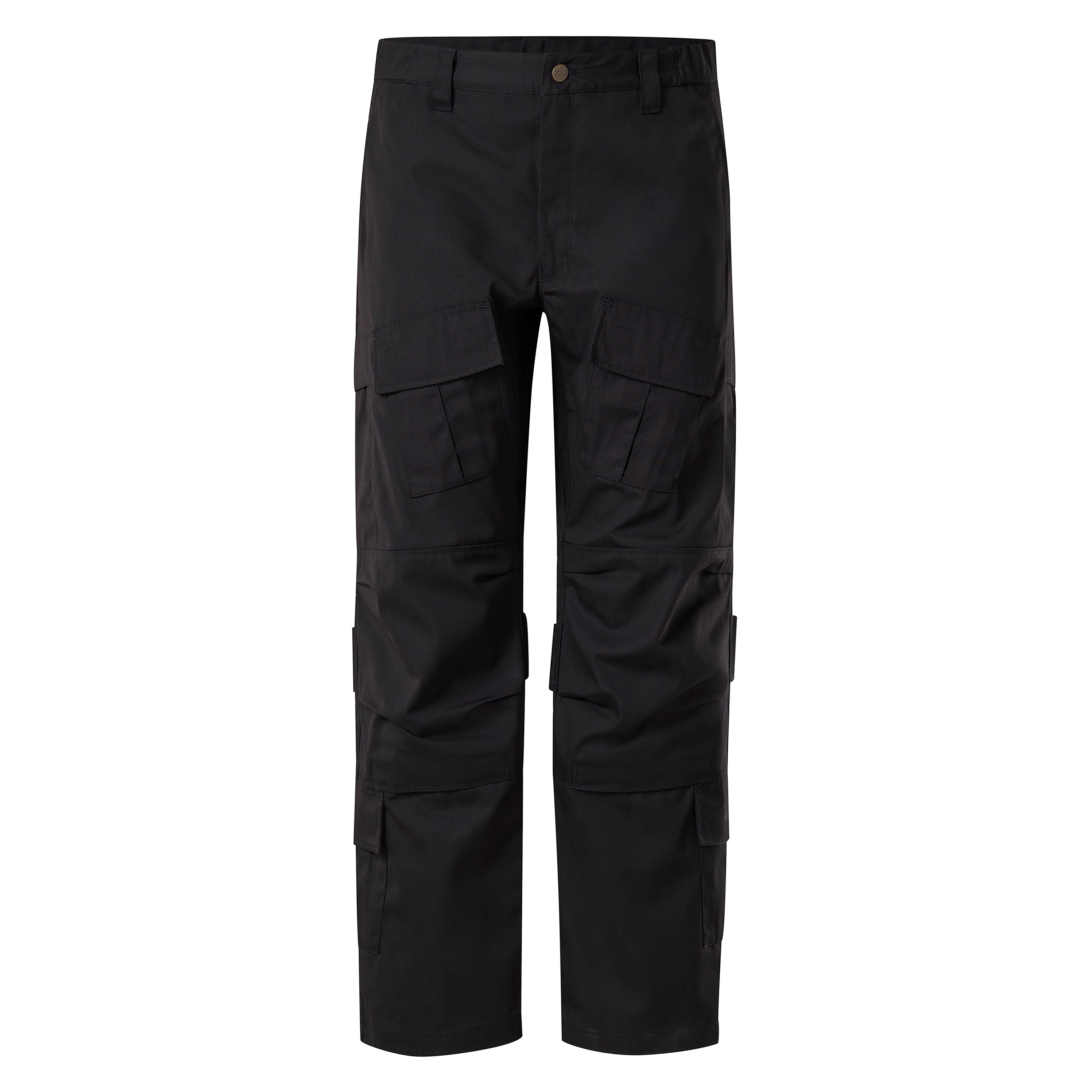 Product shot of black tactical pants with multiple pockets a button fly and a dark brown button detail showcasing durable fabric and a utilitarian design