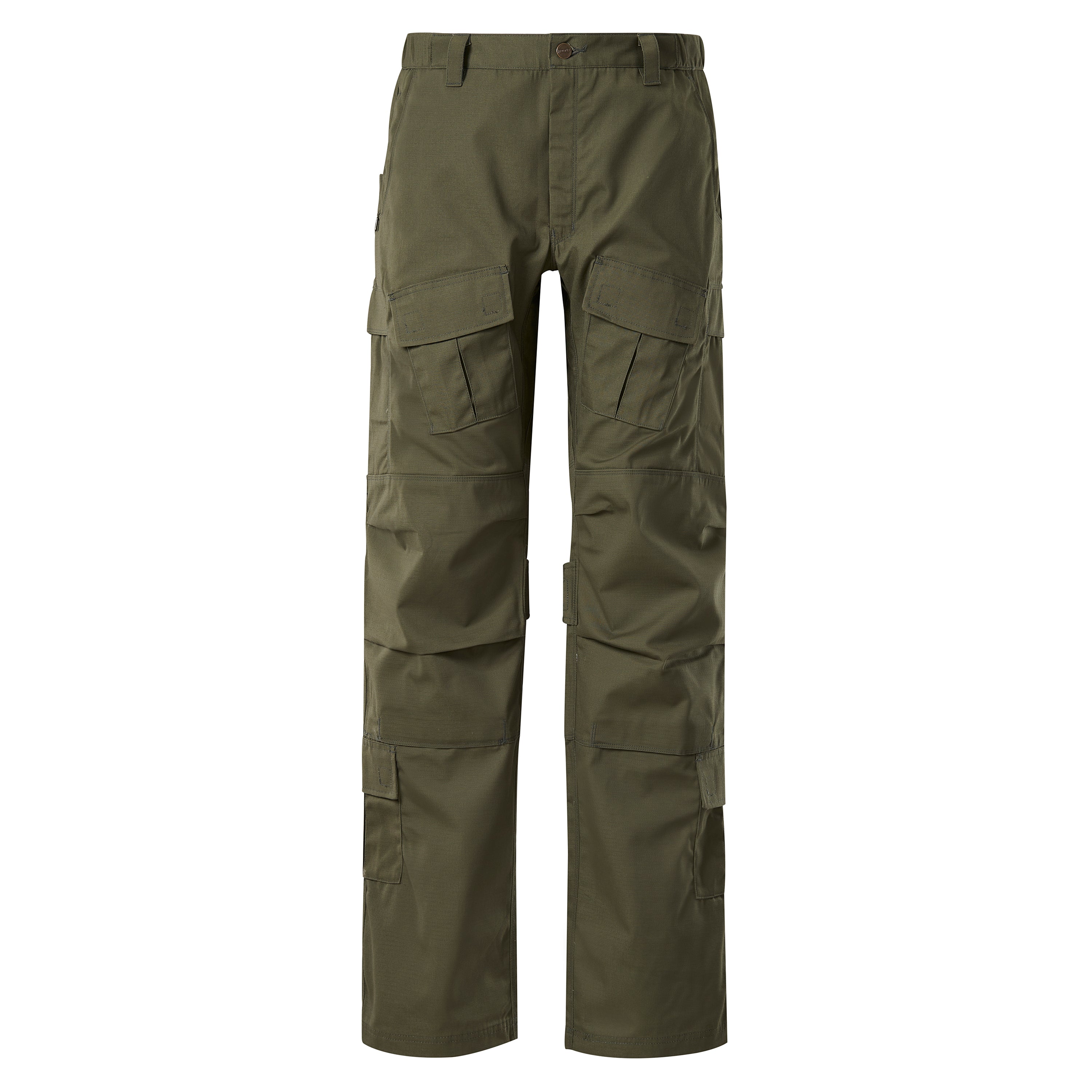 Product shot of olive green tactical cargo pants featuring multiple pockets, reinforced stitching, and a buttoned waistband