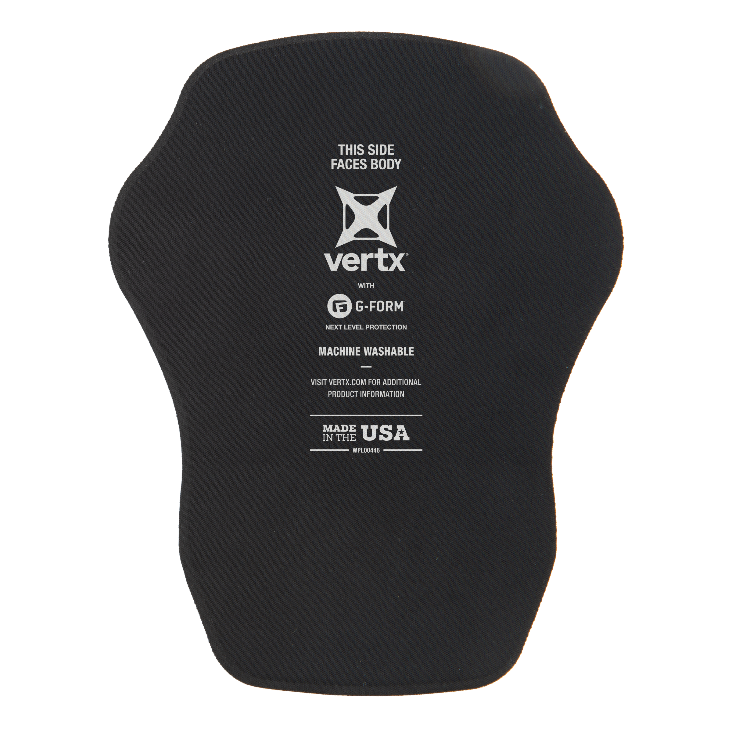 Product shot of a black Vertx G-Form body armor pad featuring the Vertx logo and Made in the USA label with a tan background suggesting packaging