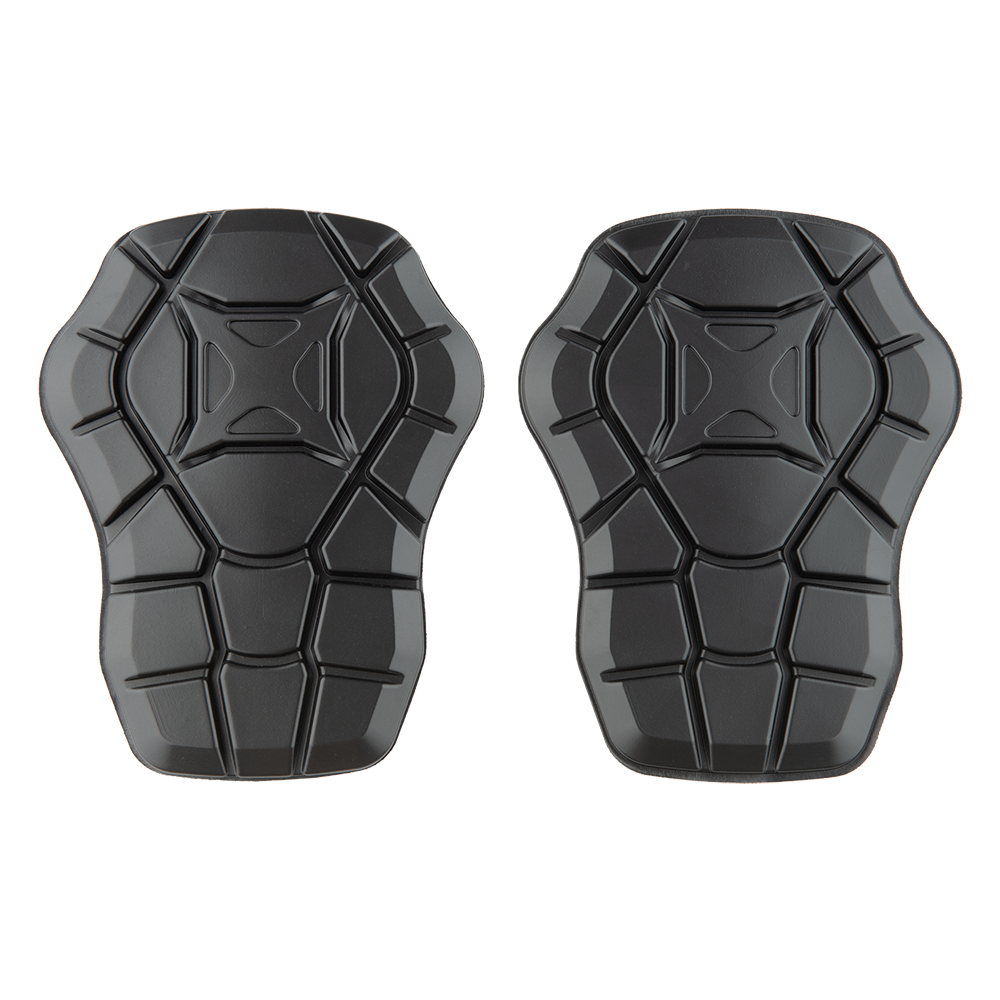 Product shot of two black protective pads featuring a textured honeycomb pattern central cross design and a glossy finish