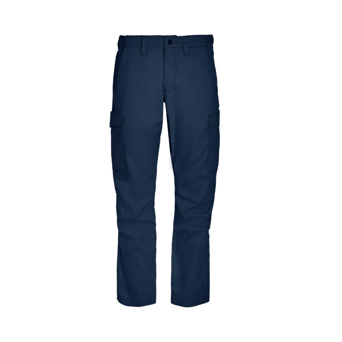 Product shot of navy blue tactical cargo pants featuring two side cargo pockets and a button fly