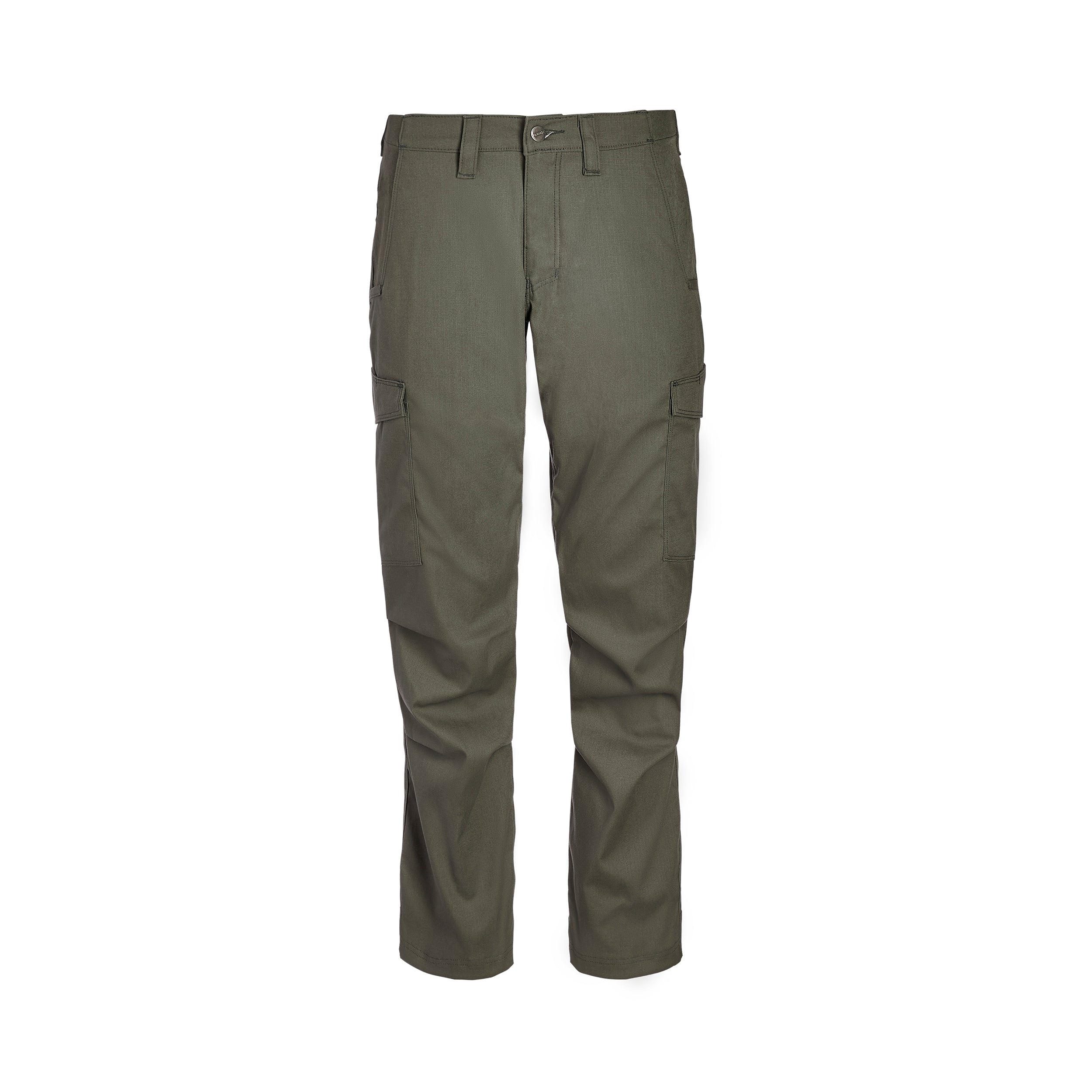 Product shot of olive green cargo pants featuring a button closure and multiple pockets with subtle texturing and a straight-leg design