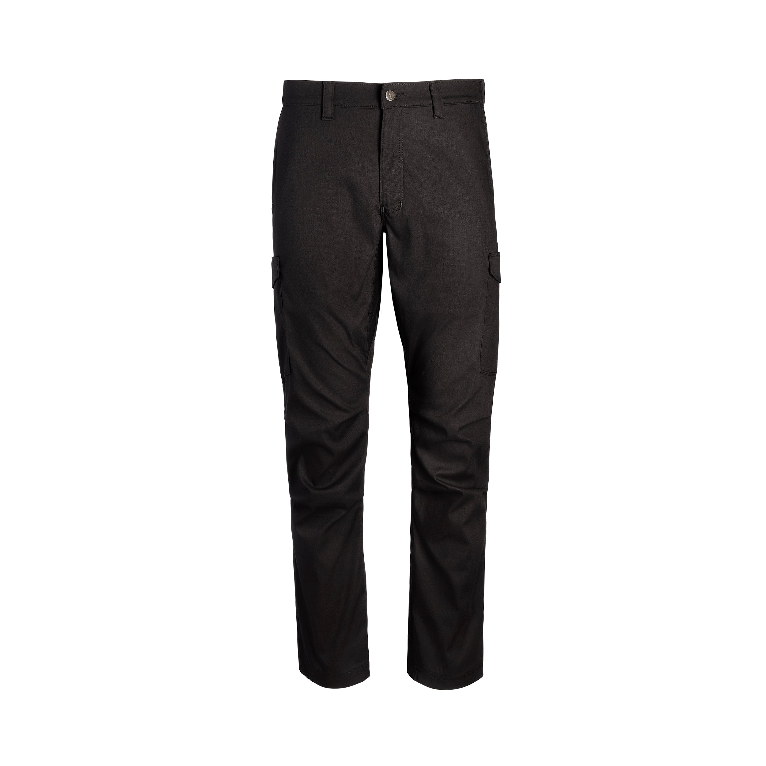 Product shot of black cargo pants featuring a button closure, two side pockets, and subtle creasing at the knees and cuffs