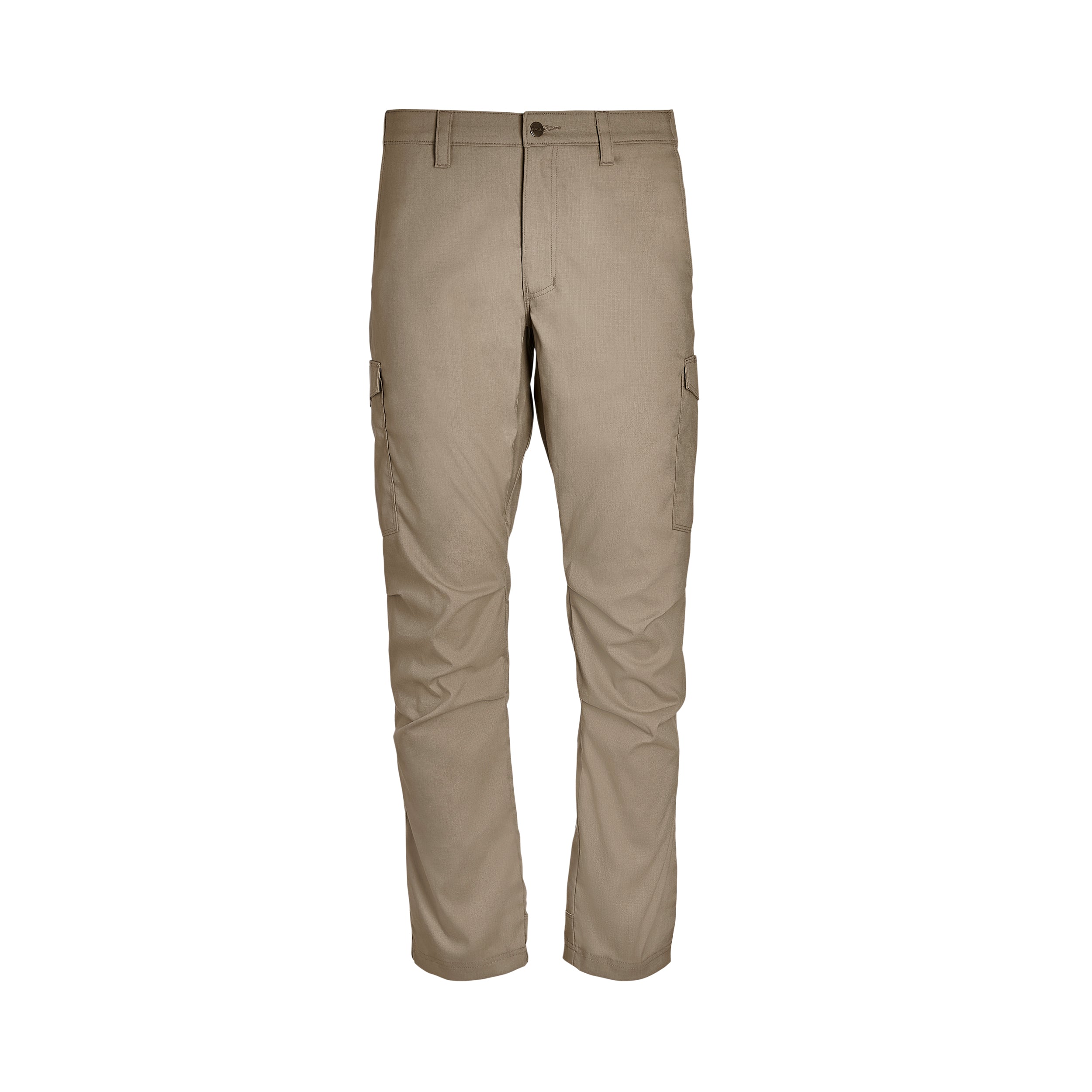 Product shot of khaki cargo pants featuring a button fly, two side pockets, and subtle texture with a neutral beige color
