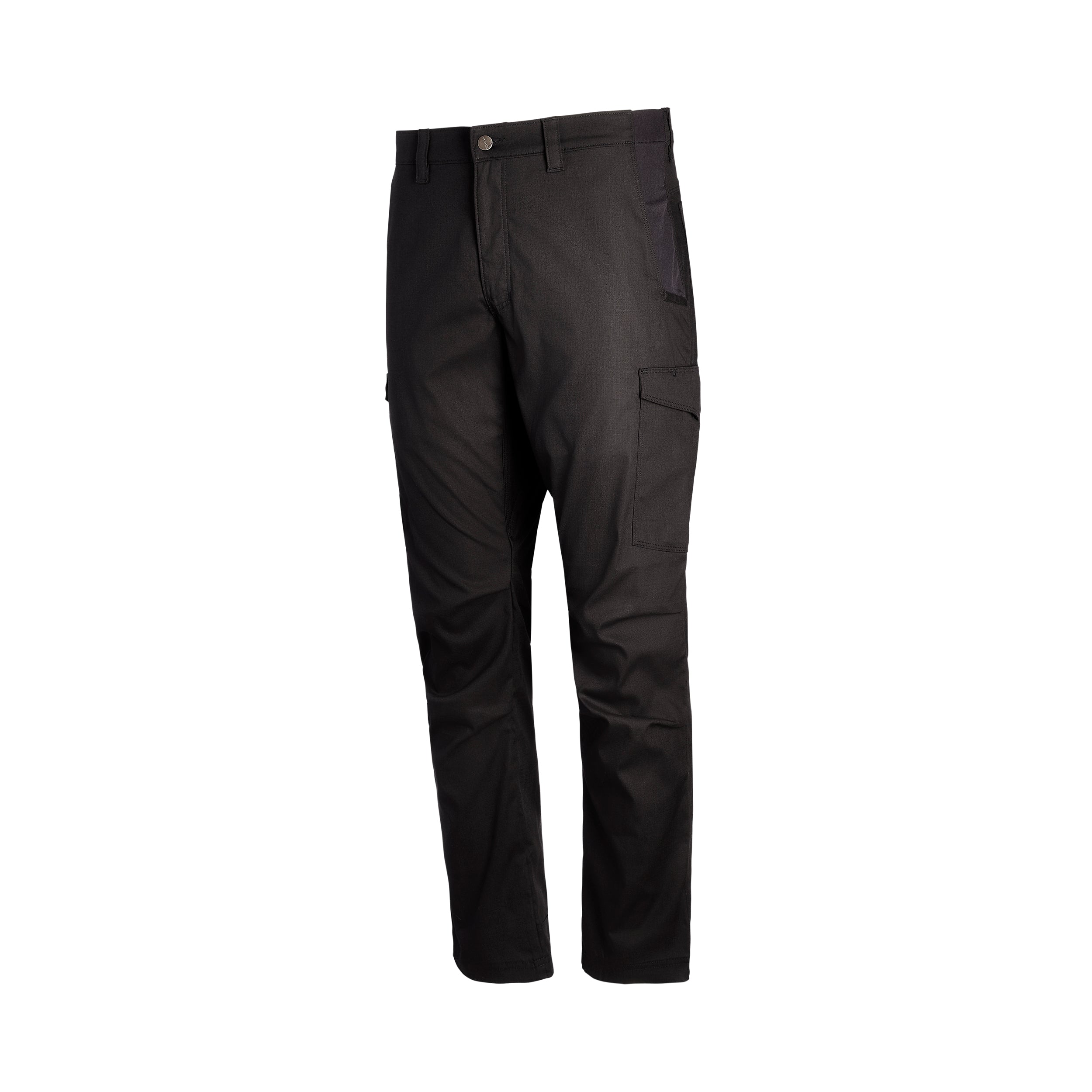Product shot of black cargo pants featuring a button fly, multiple pockets, and subtle texture detail