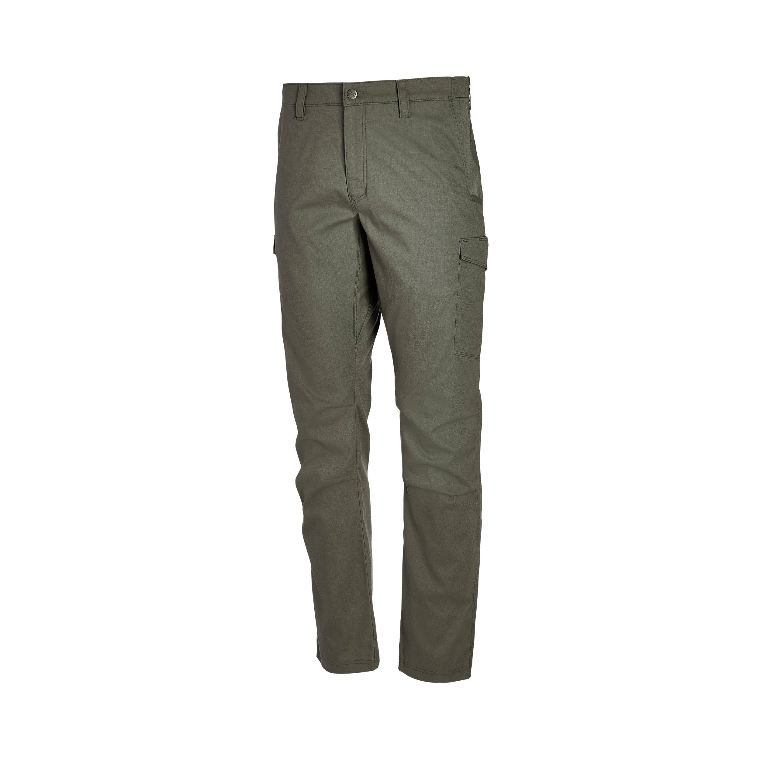 Product shot of olive green cargo pants showing a button fly and two side cargo pockets with subtle texture and stitching detail