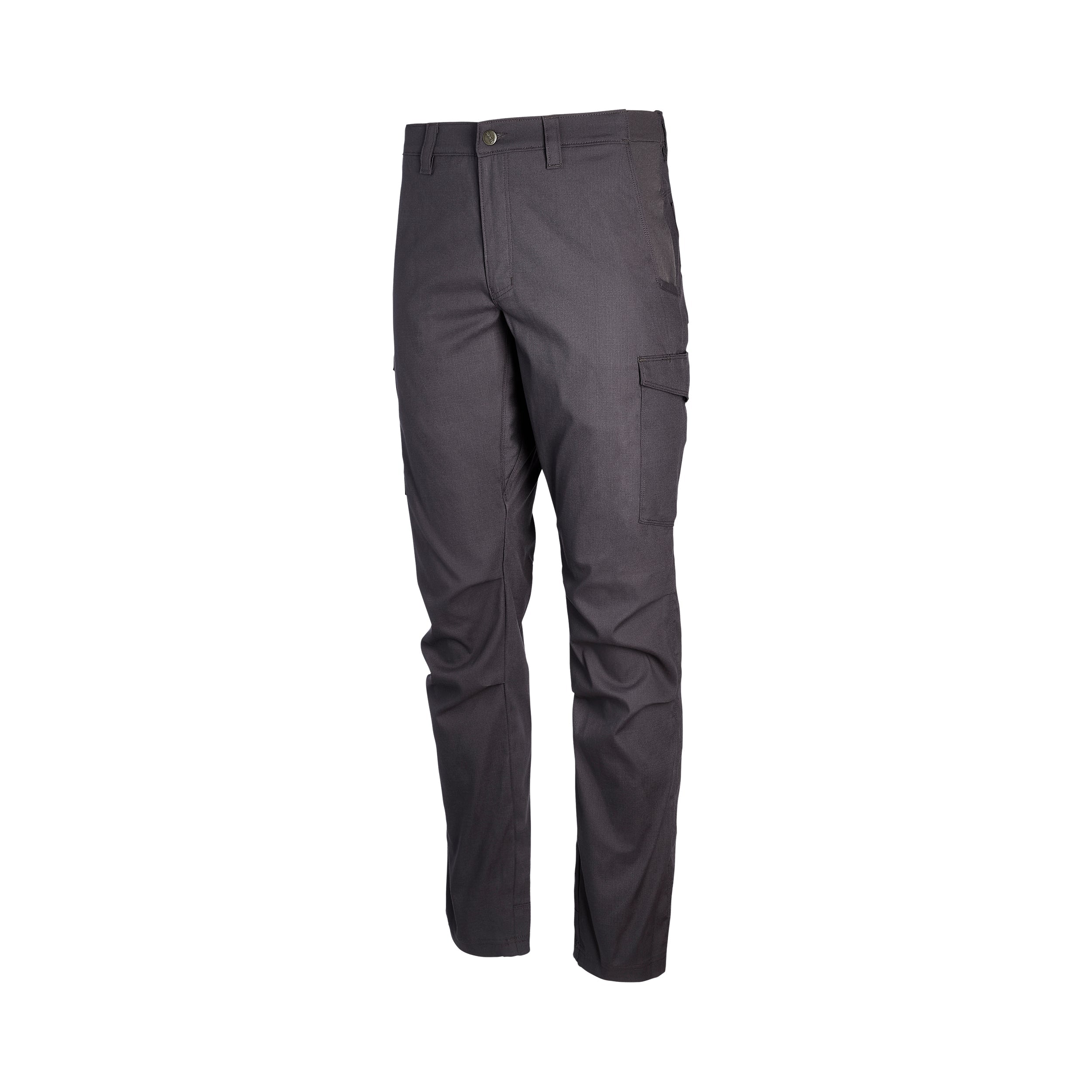 Product shot of dark gray cargo pants showing button fly and side pockets against a white background