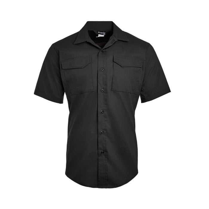 Product shot of a black Xovertek short-sleeve button-down shirt featuring two chest pockets and a curved hemline showcasing the brand label and subtle texture
