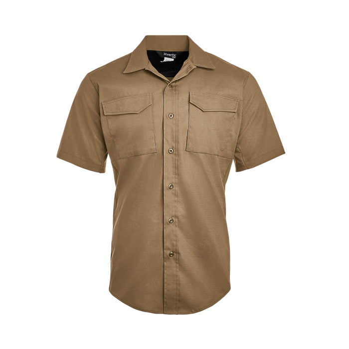 Product shot of a khaki Xpert short-sleeve work shirt featuring button closures and two chest pockets against a white background