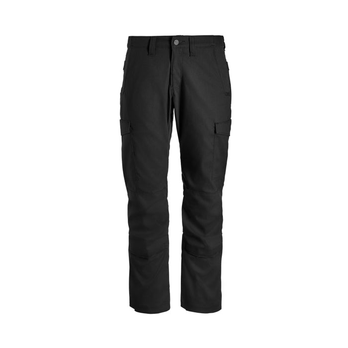 Product shot of black tactical pants featuring multiple pockets reinforced knees and a durable fabric