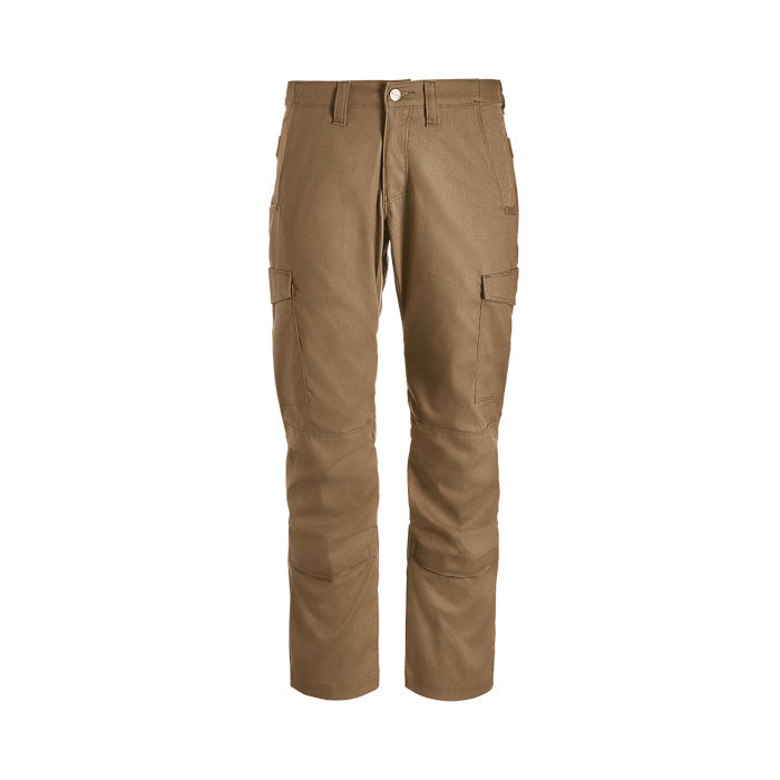 Product shot of a pair of Dickies khaki cargo pants featuring multiple pockets reinforced knees and a durable fabric